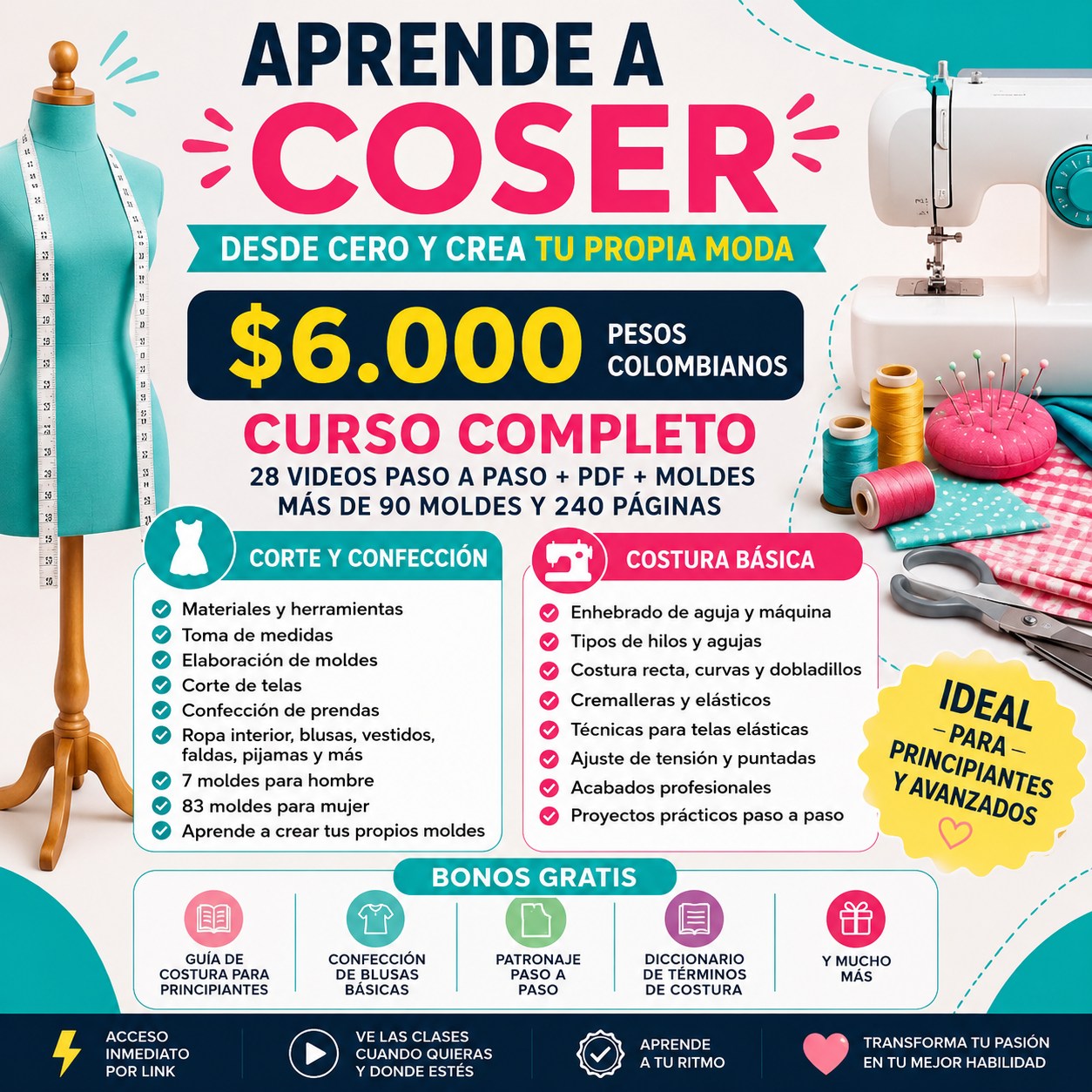 Patrones de Moda Facebook ad: CURSO VIRTUAL: *CORTE Y CONFECCIÓN + COSTURA BASICA*…