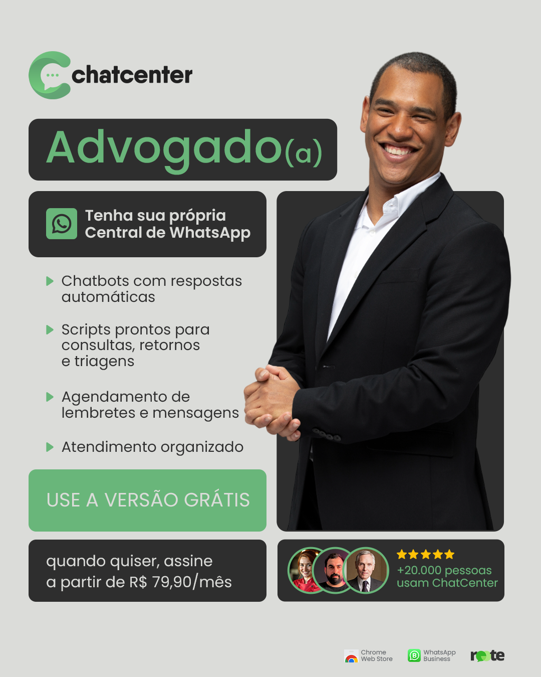 ChatCenter Brasil Facebook ad: WhatsApp para fechar mais contratos.