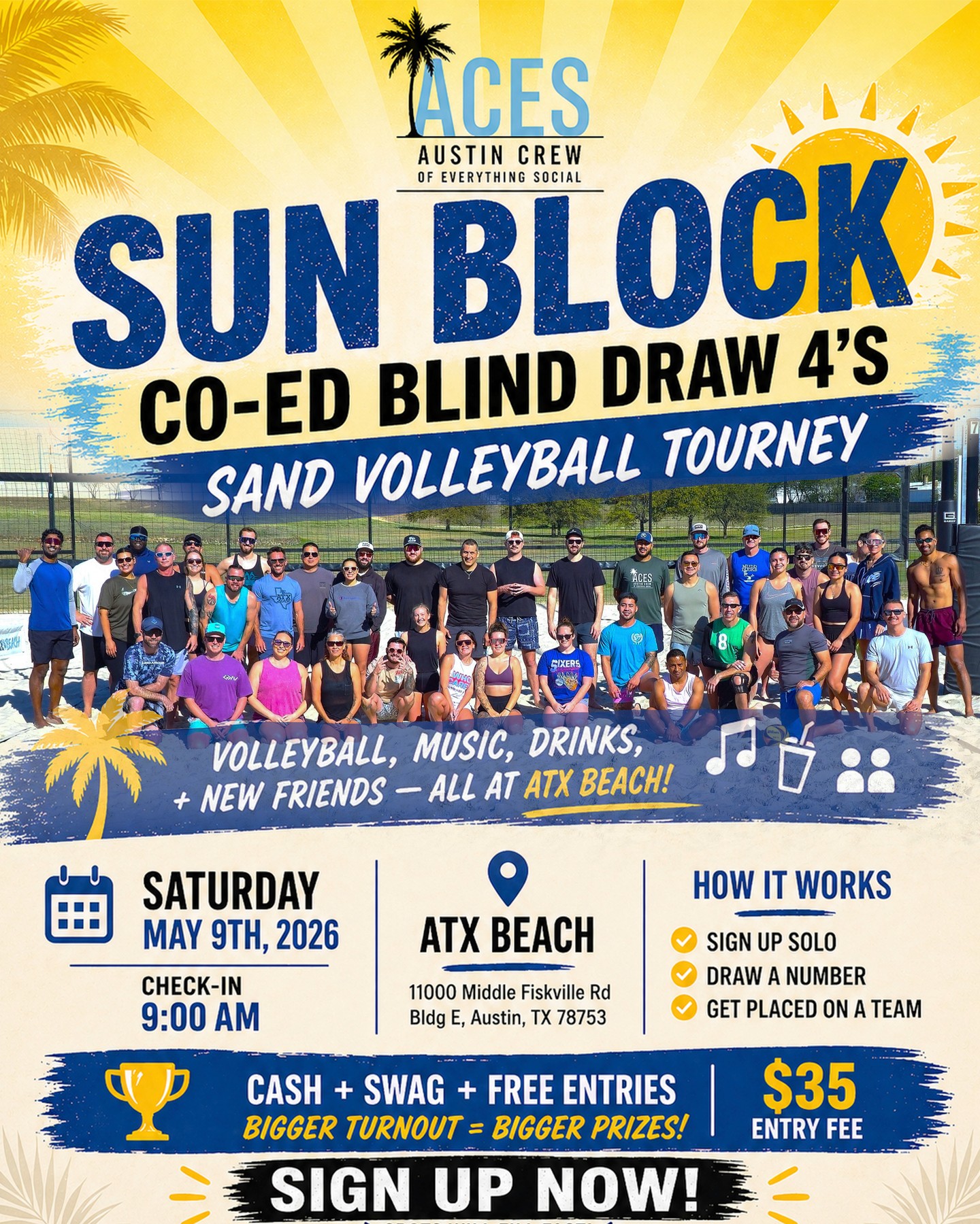 ACES - Austin Crew of Everything Social Facebook ad: ACES Sun Block Blind Draw 4's Sand Volleyball Tourney