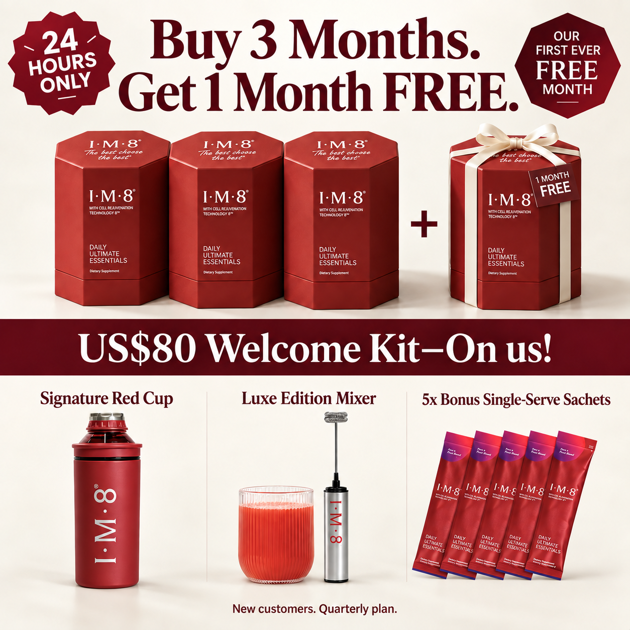 IM8 Facebook ad: Buy 3 months. Get 1 month free.