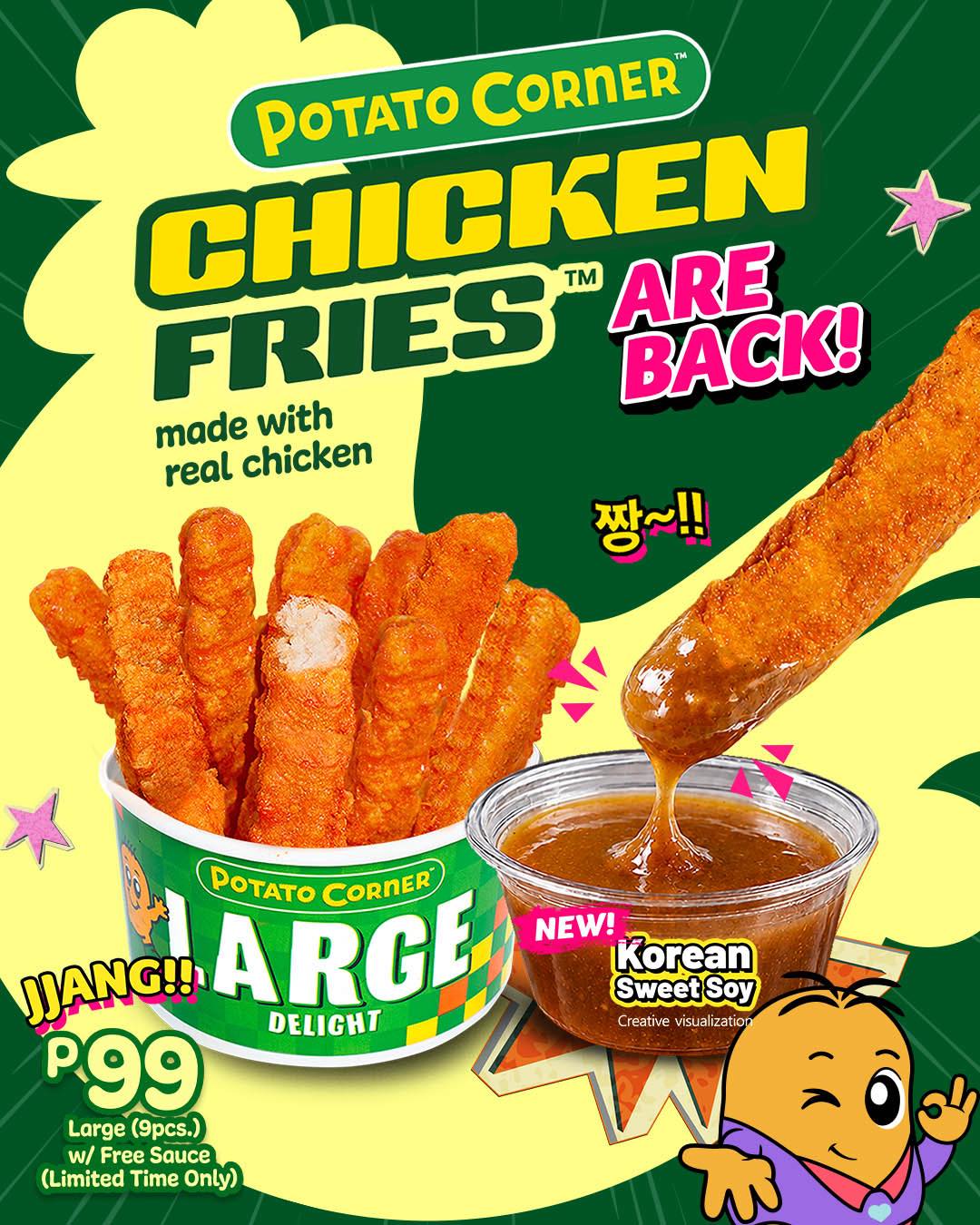 Potato Corner Facebook ad: You asked. We listened. Chicken Fries are BACK, Potato…