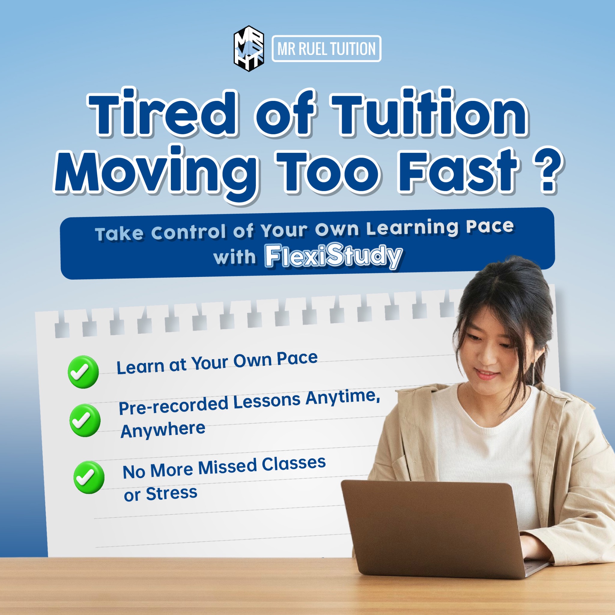 Mr Ruel Online Tuition Facebook ad: No More Rushed Lessons! Learn the Way That Works for You!