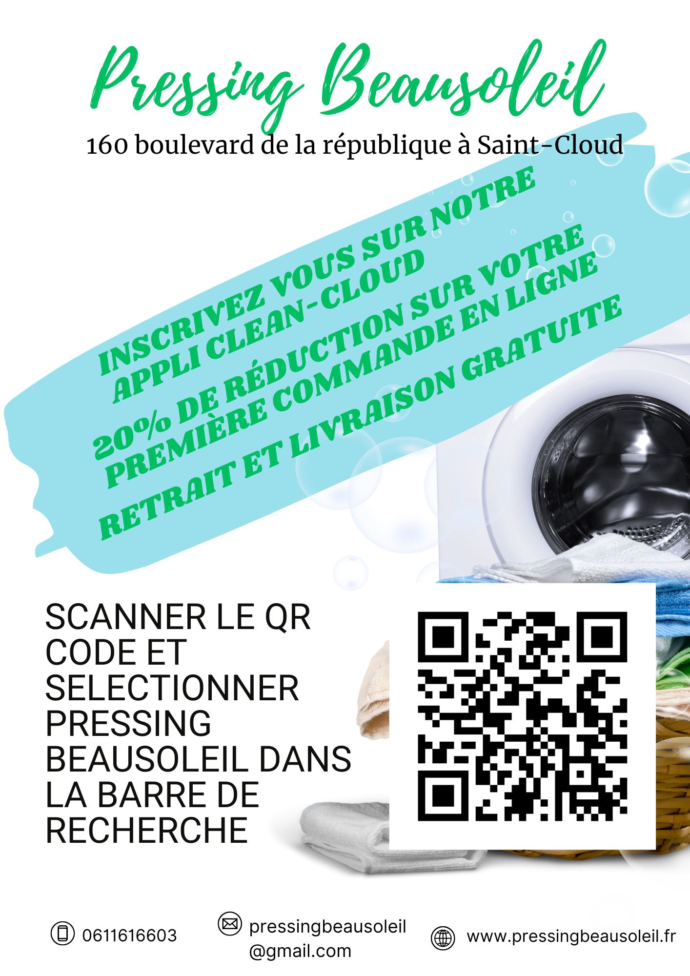 Pressing Beausoleil Facebook ad: Marre de courir au pressing après le travail…