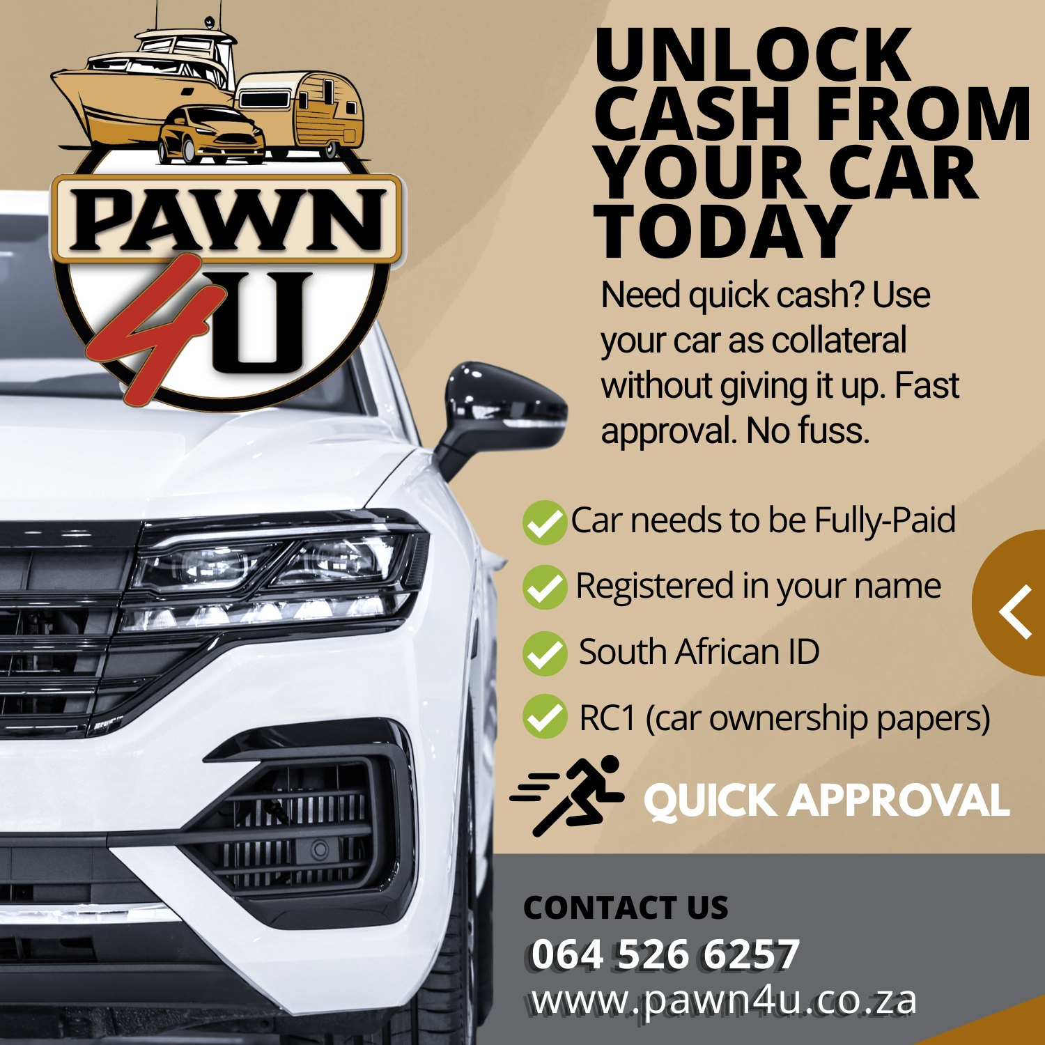 Pawn 4 U Facebook ad: Need funds in Gauteng? Use your car without selling it