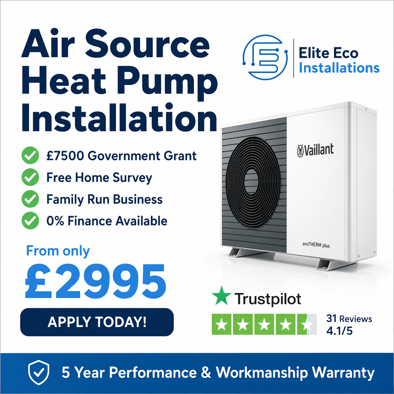 Elite Eco Installations Facebook ad: £7,500 Off Your Heat Pump