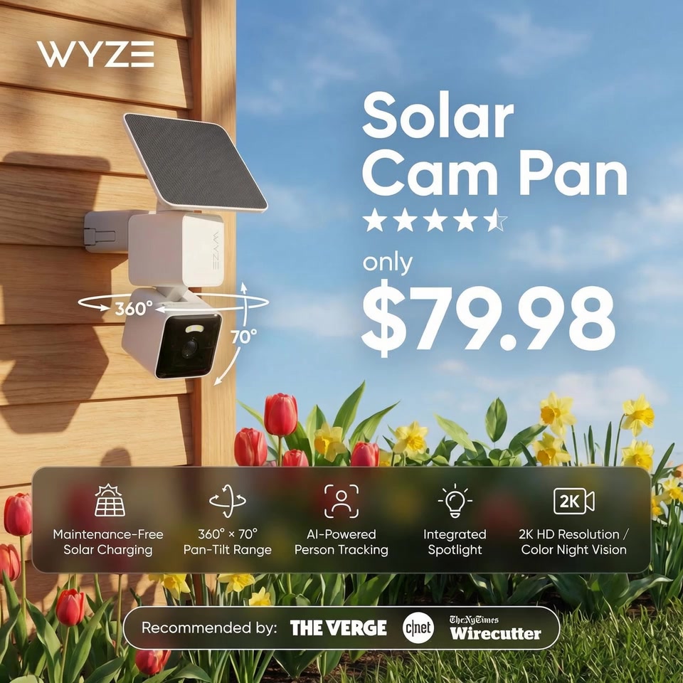 Wyze Facebook ad: Never Recharge Again-Solar Tracks!