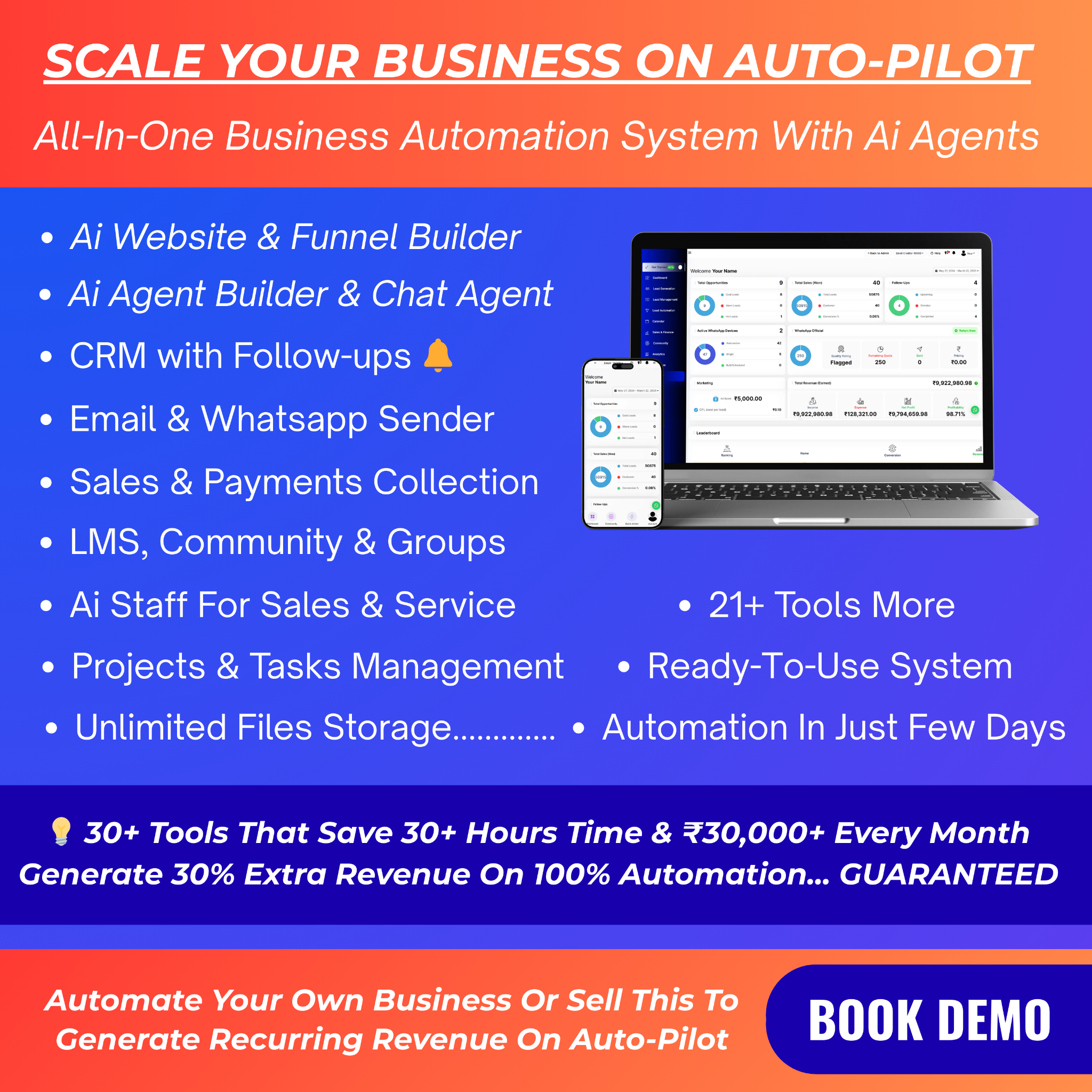 Biz Automations Facebook ad: One System. 32+ Tools. Full Automation