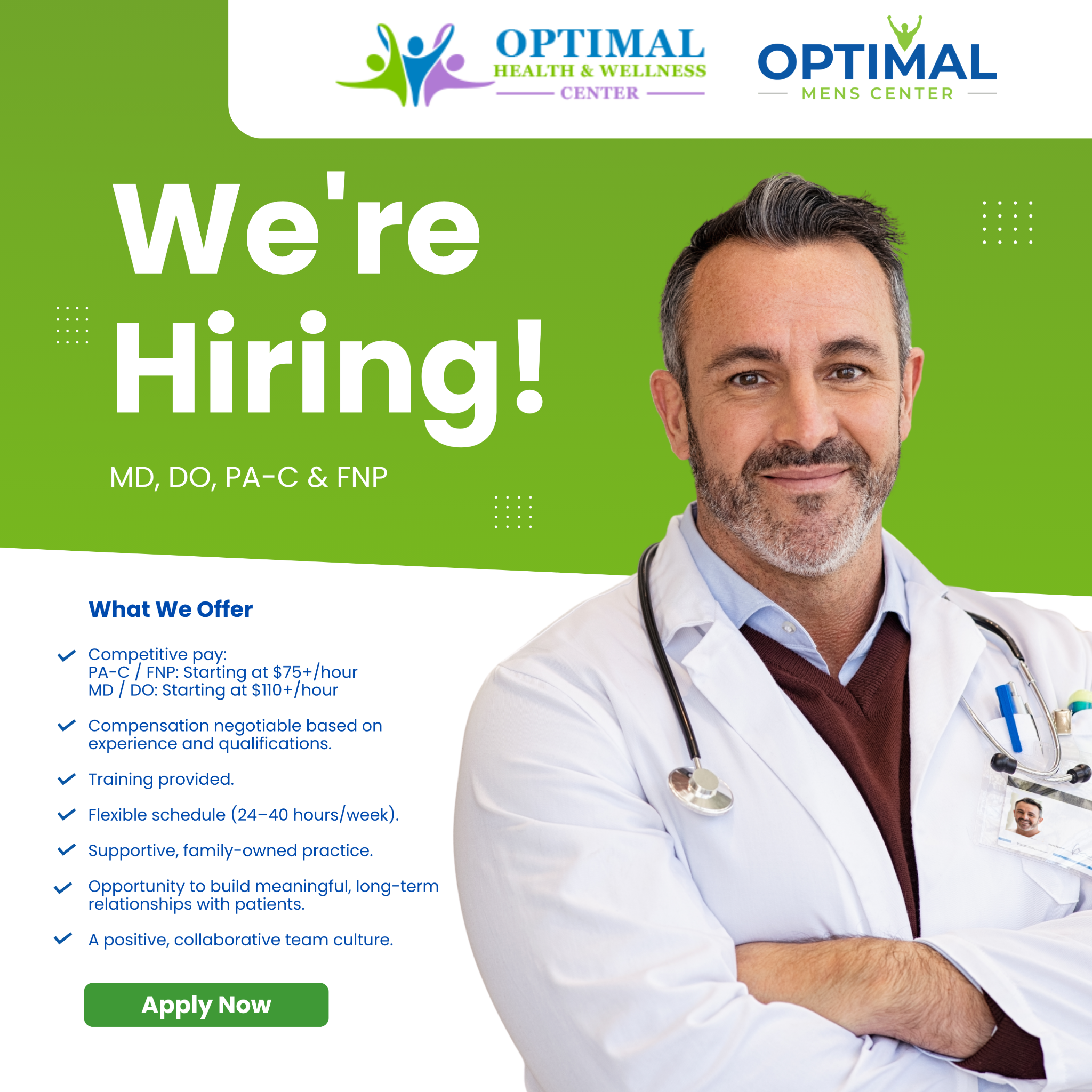 Optimal Health & Wellness Center Facebook ad: We’re Hiring Medical Providers