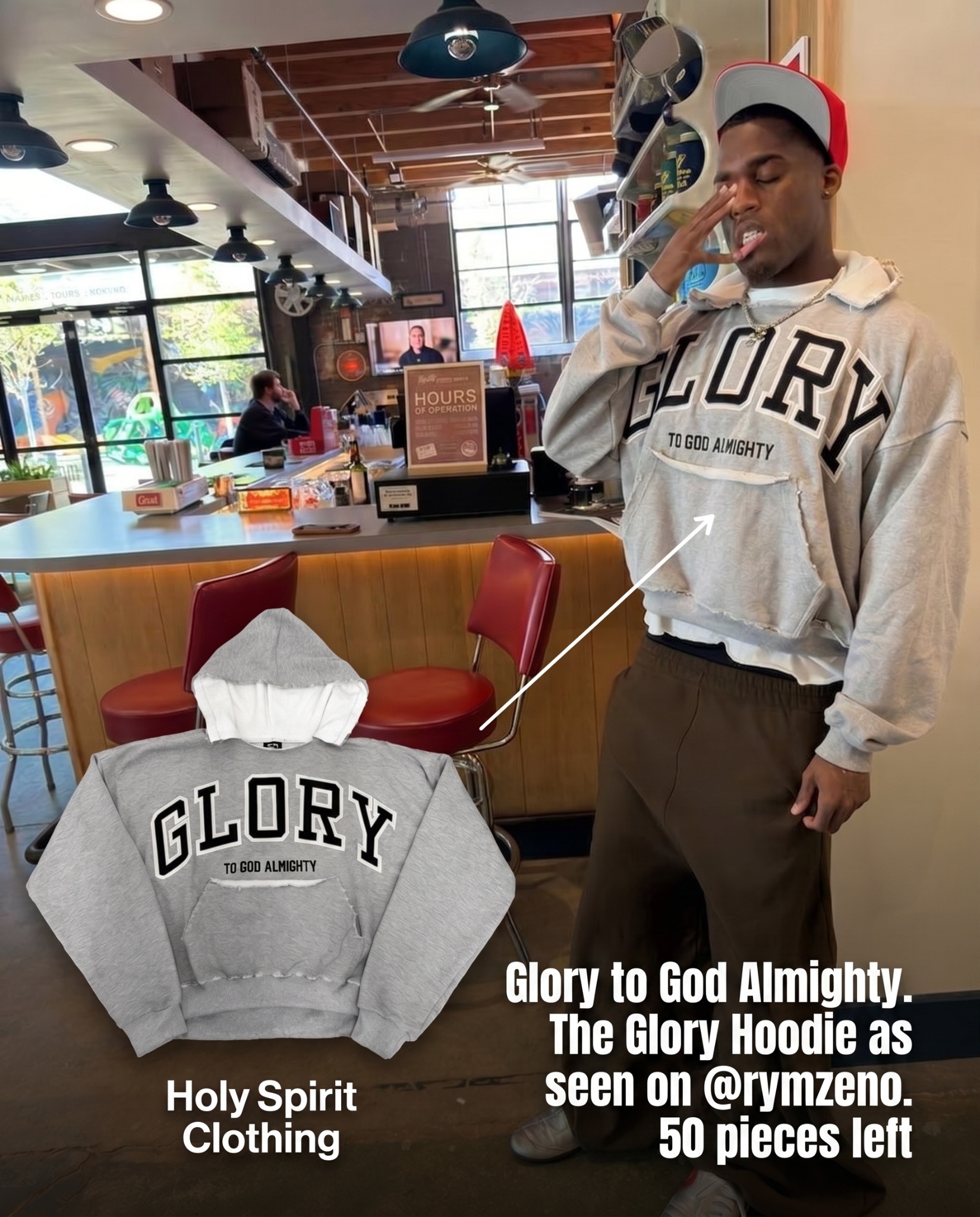 Holy Spirit Clothing Facebook ad: The Glory Hoodie. As Worn By @rymzeno.