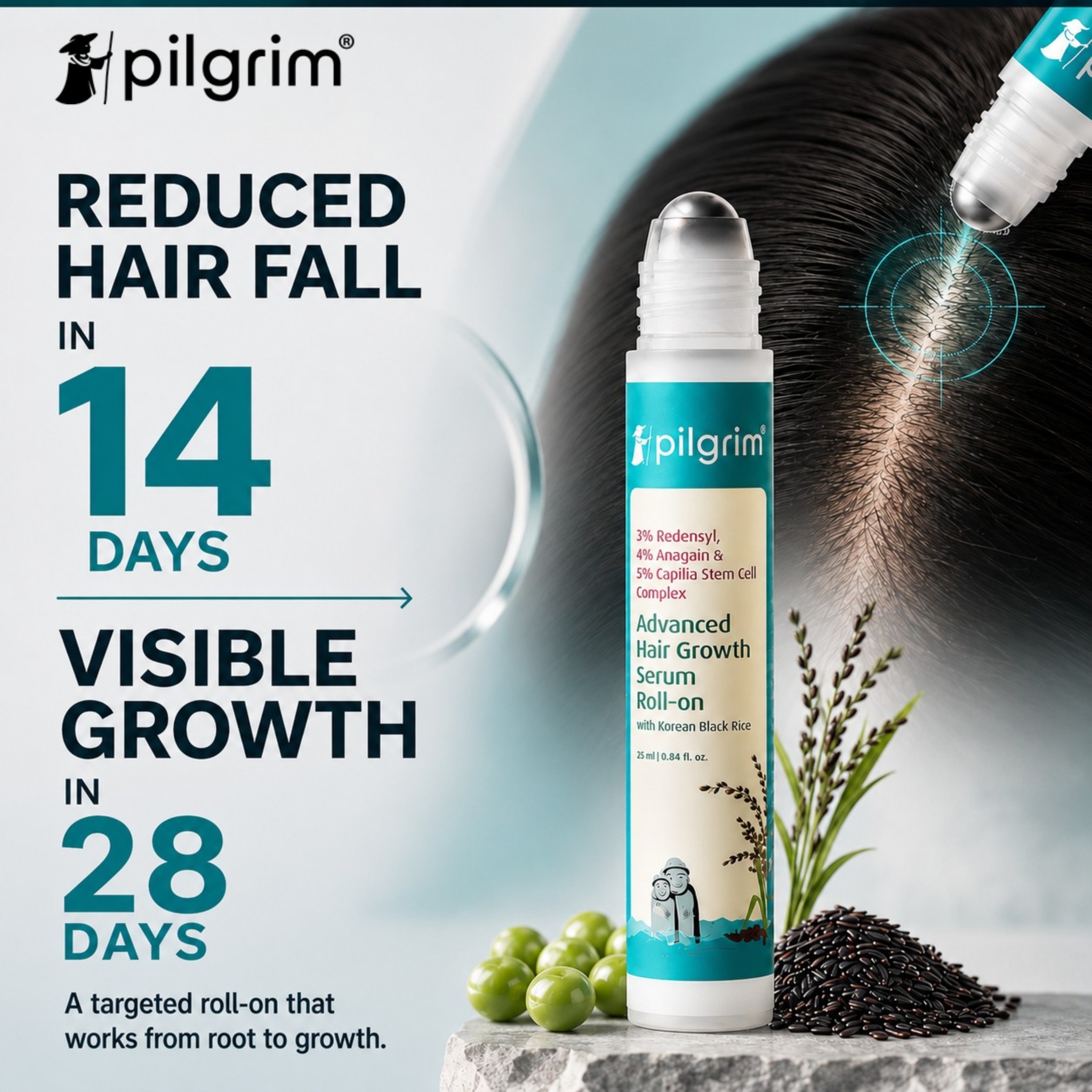 Pilgrim Facebook ad: Target your roots with Hair Growth Serum Roll On