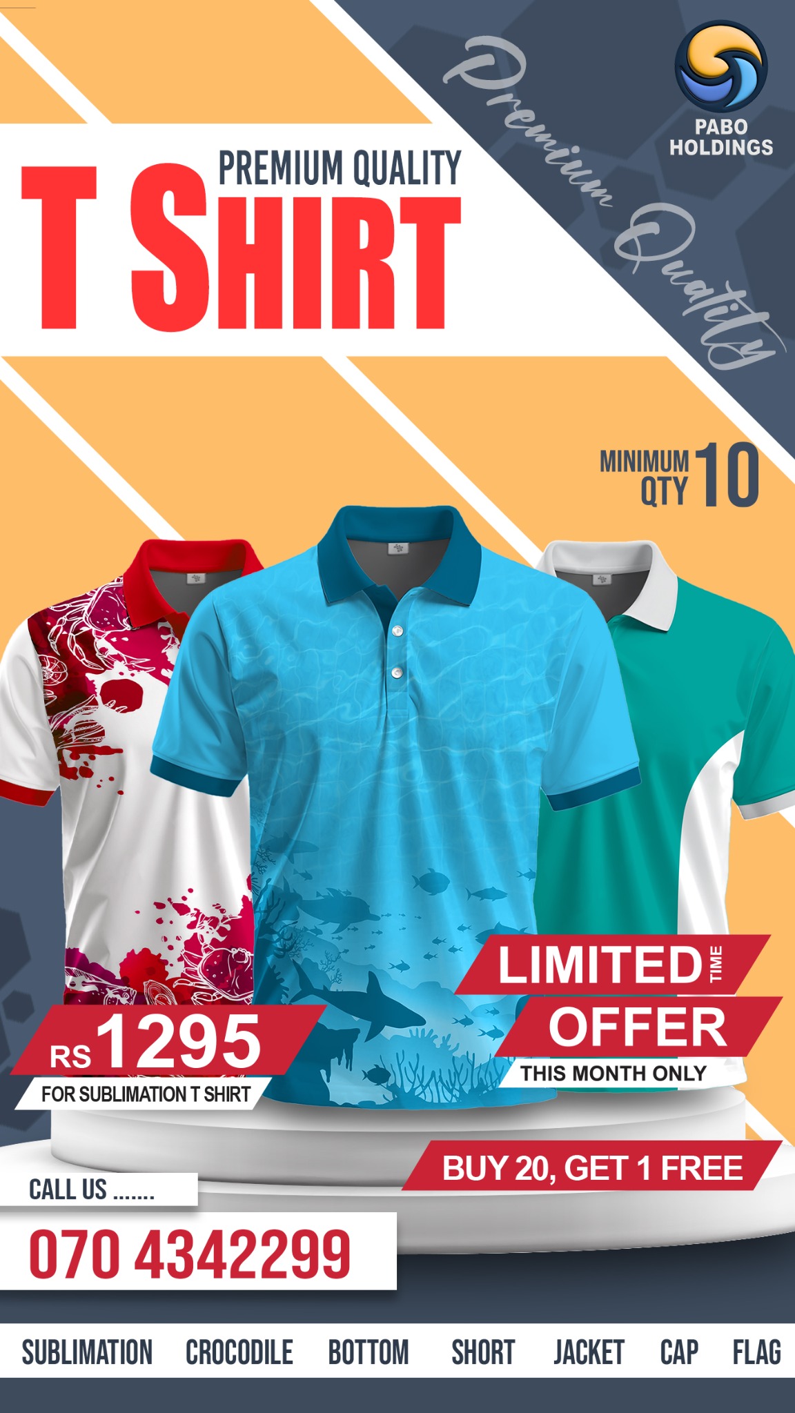Pabo Holdings Facebook ad: Premium T-Shirts from Rs.1295 - Buy 20, Get 1 FREE! Call…