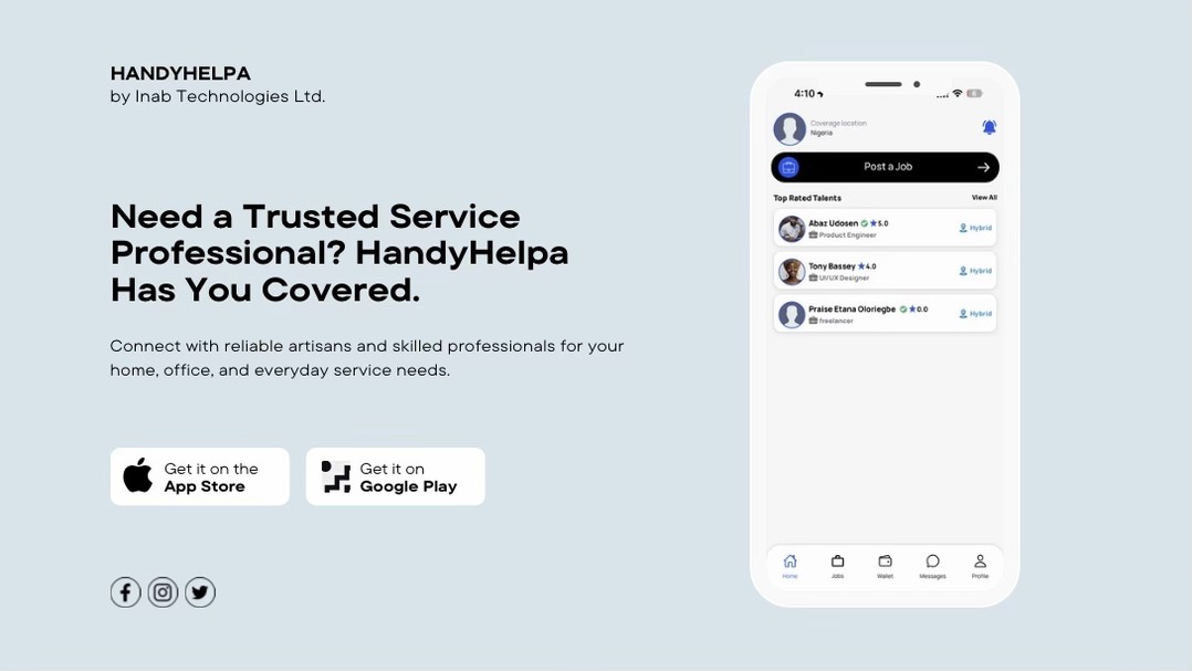 HandyHelpa App Facebook ad: Hire Services and Earn with Your Skills