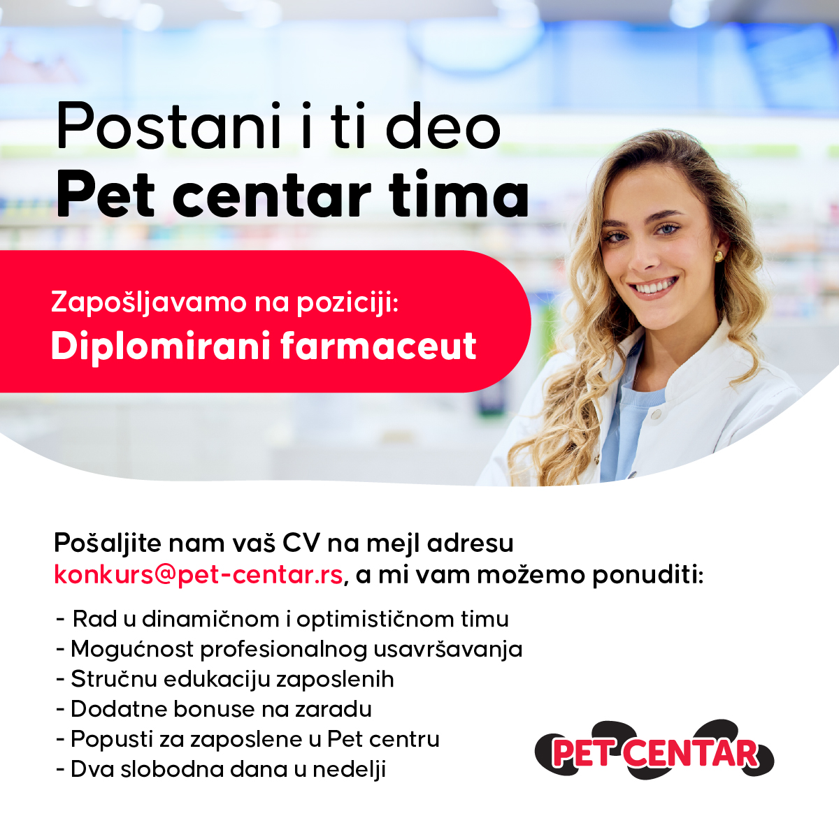 PET CENTAR Srbija Facebook ad: Tražimo farmaceuta!