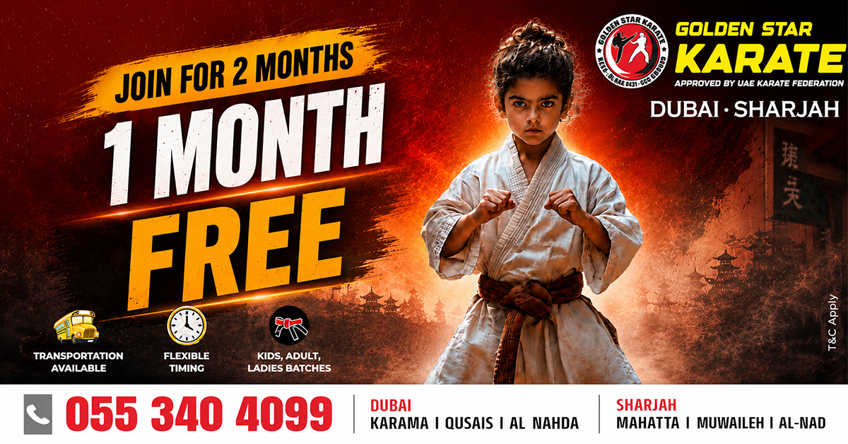 Golden Star Karate - Martial Arts Dubai Facebook ad: Join 2 Months & Get 1 Month FREE Karate Training!