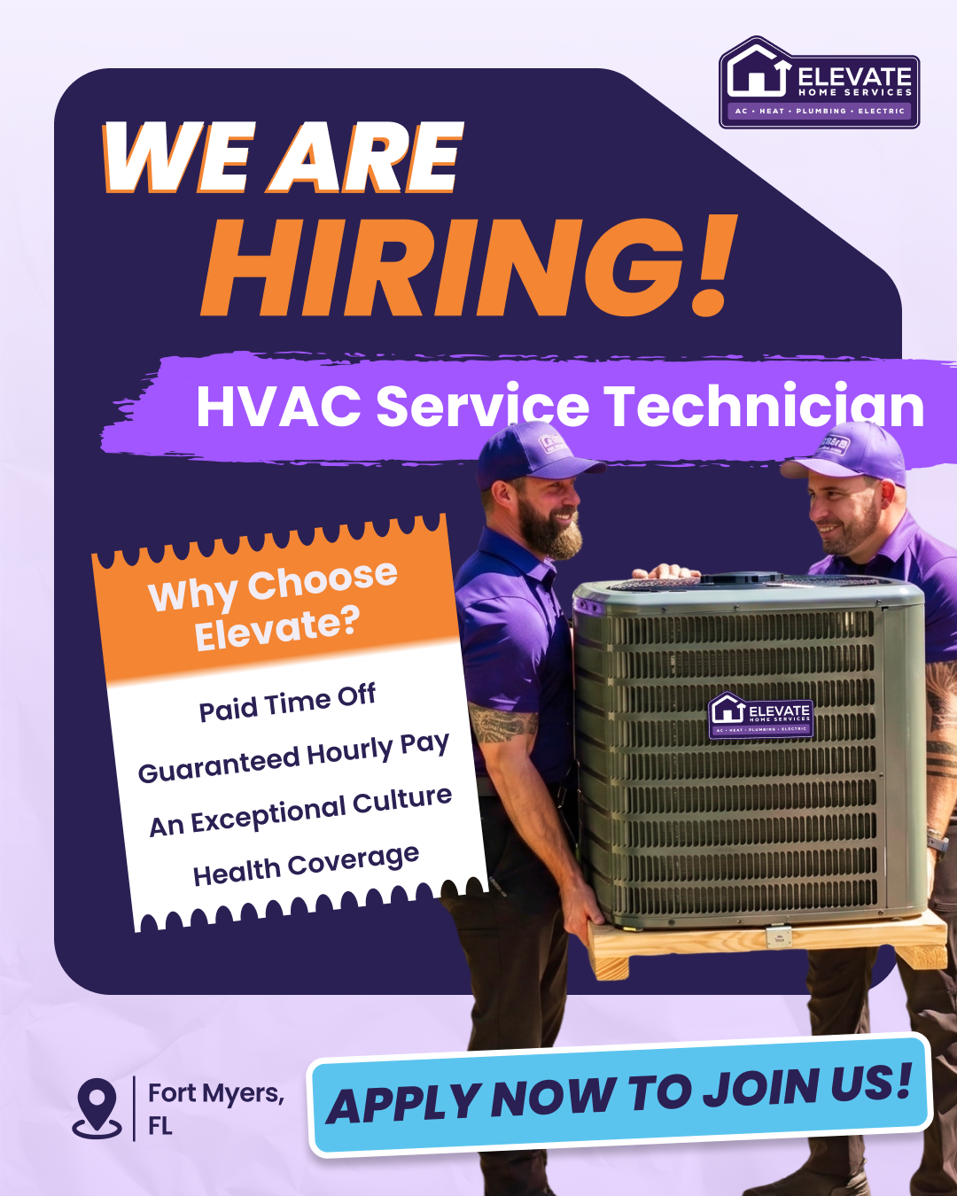 Elevate Home Services Facebook ad: Now Hiring: HVAC Service Technicians