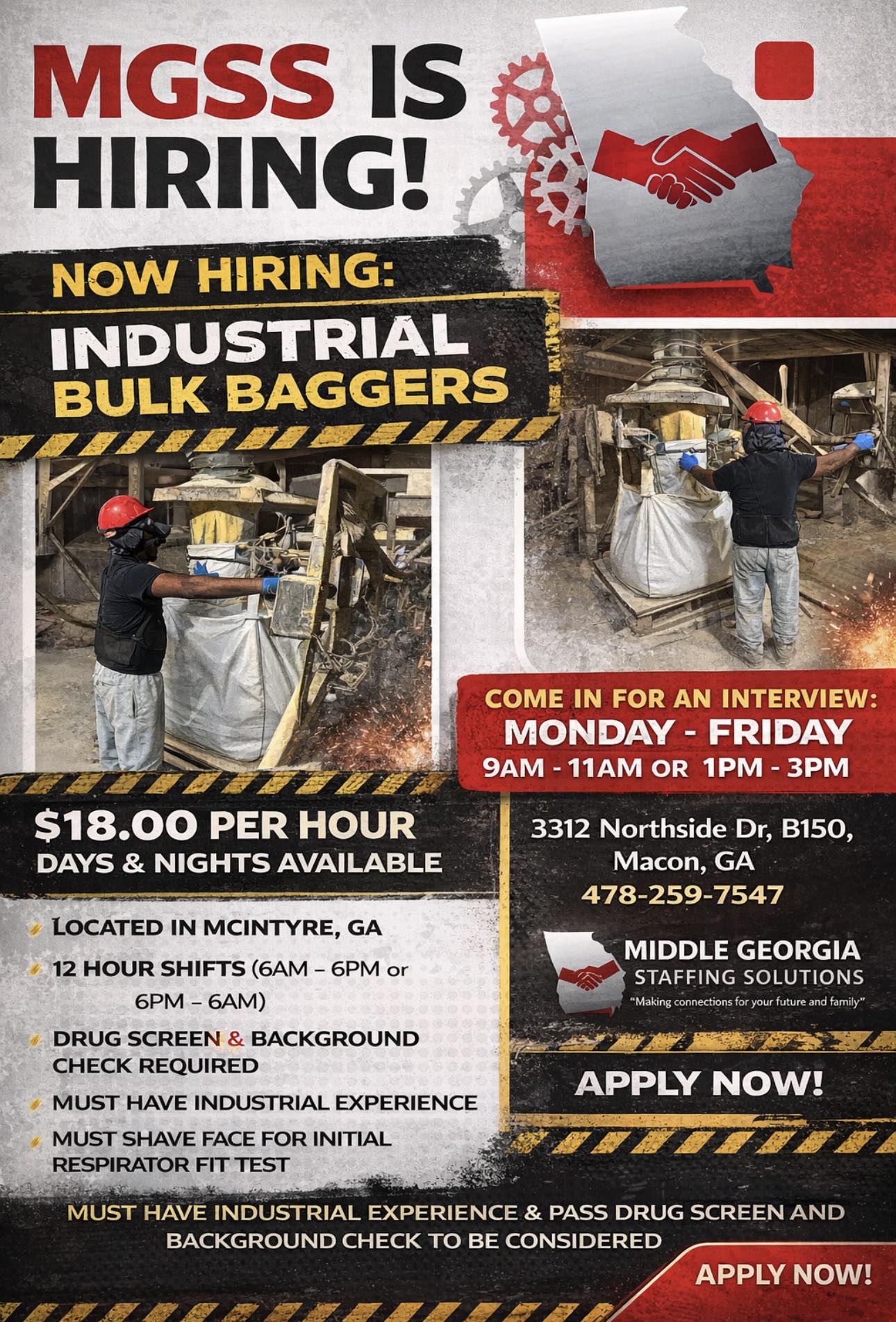 Middle Georgia Staffing Solutions Facebook ad: We are still looking for bulk baggers in…