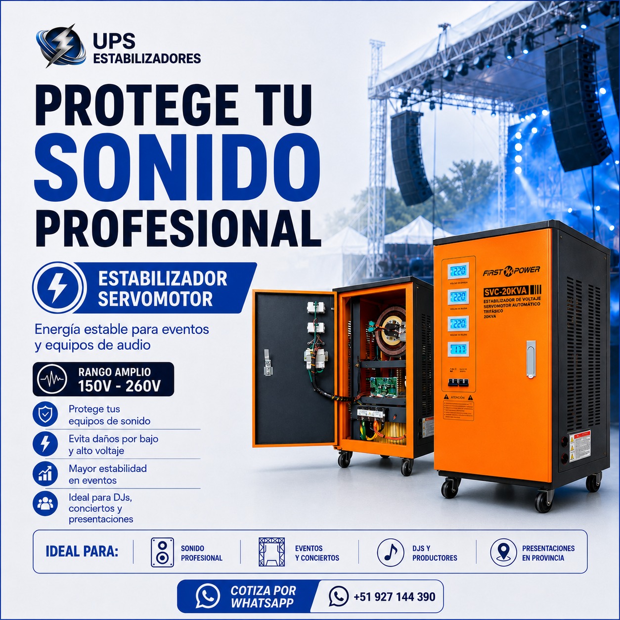 Ups y Estabilizadores Facebook ad: Energía estable para tu audio. Estabilizadores KVA