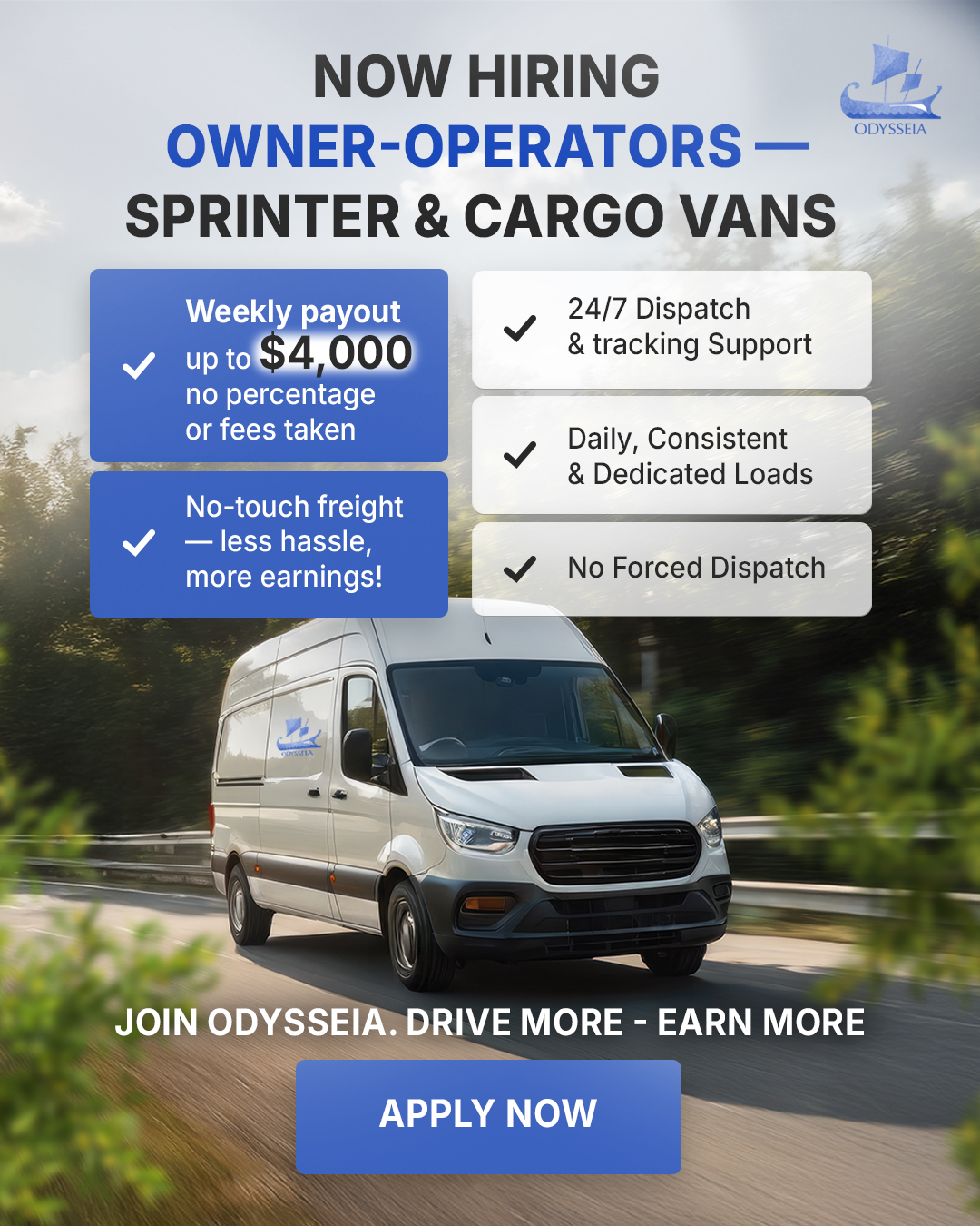 Odysseia Facebook ad: Now Hiring Owner-Operators - Sprinter & Cargo Vans