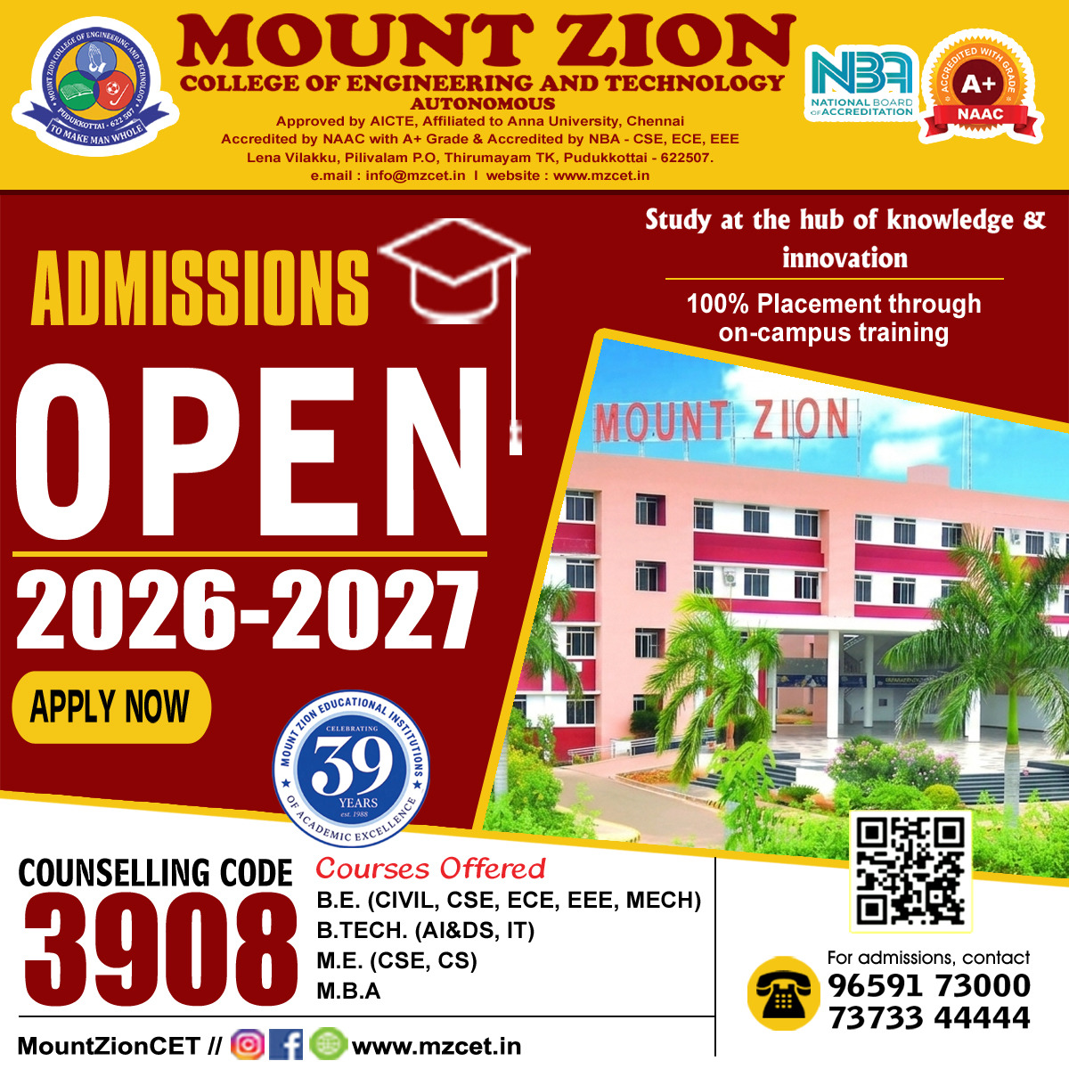 Mount Zion College of Engineering & Technology Facebook ad: Admissions for the Academic Year 2026-27 are in…
