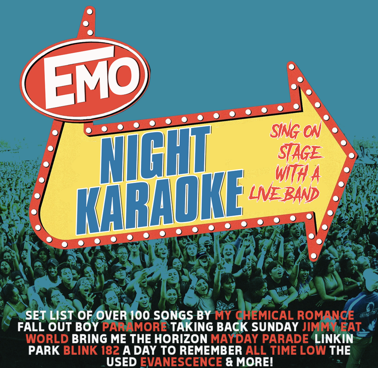 Emo Night Karaoke Facebook ad: Emo Night Karaoke/3 Monkeys Named Bob Reunion show/Day 19