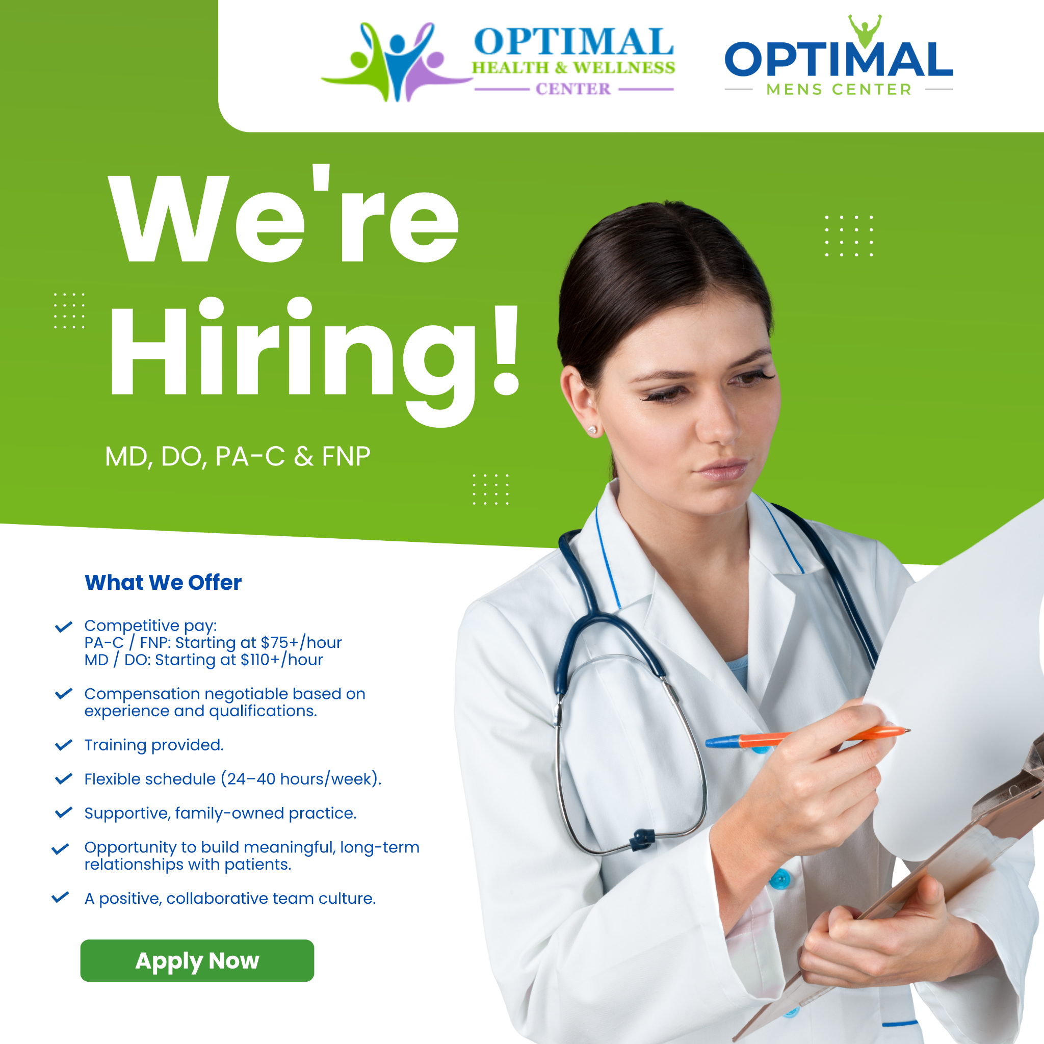 Optimal Health & Wellness Center Facebook ad: We’re Hiring Medical Providers