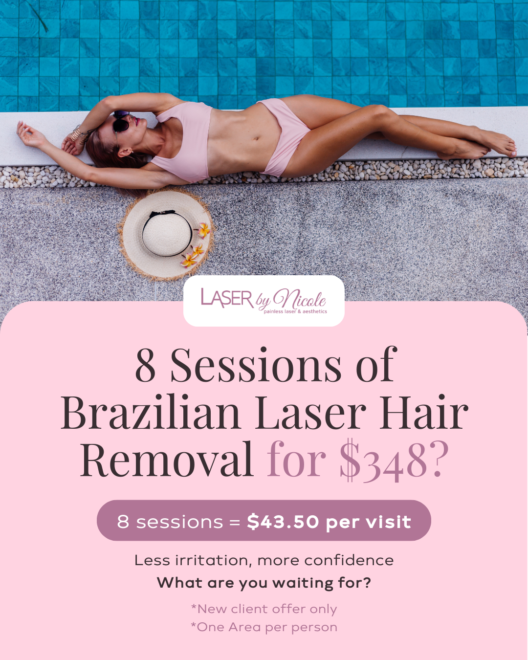 Laser by Nicole Facebook ad: Brazilian Laser Hair Removal, 8 Sessions for $348