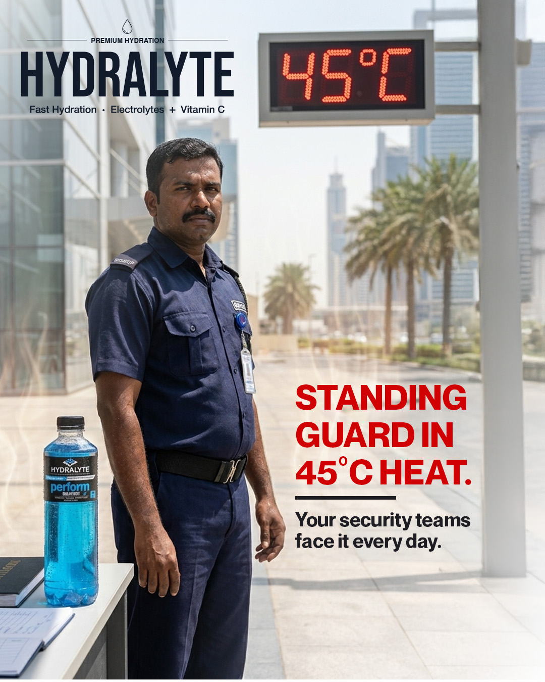 Hydralyte.gcc Facebook ad: Your security guards work in temperatures that regularly…