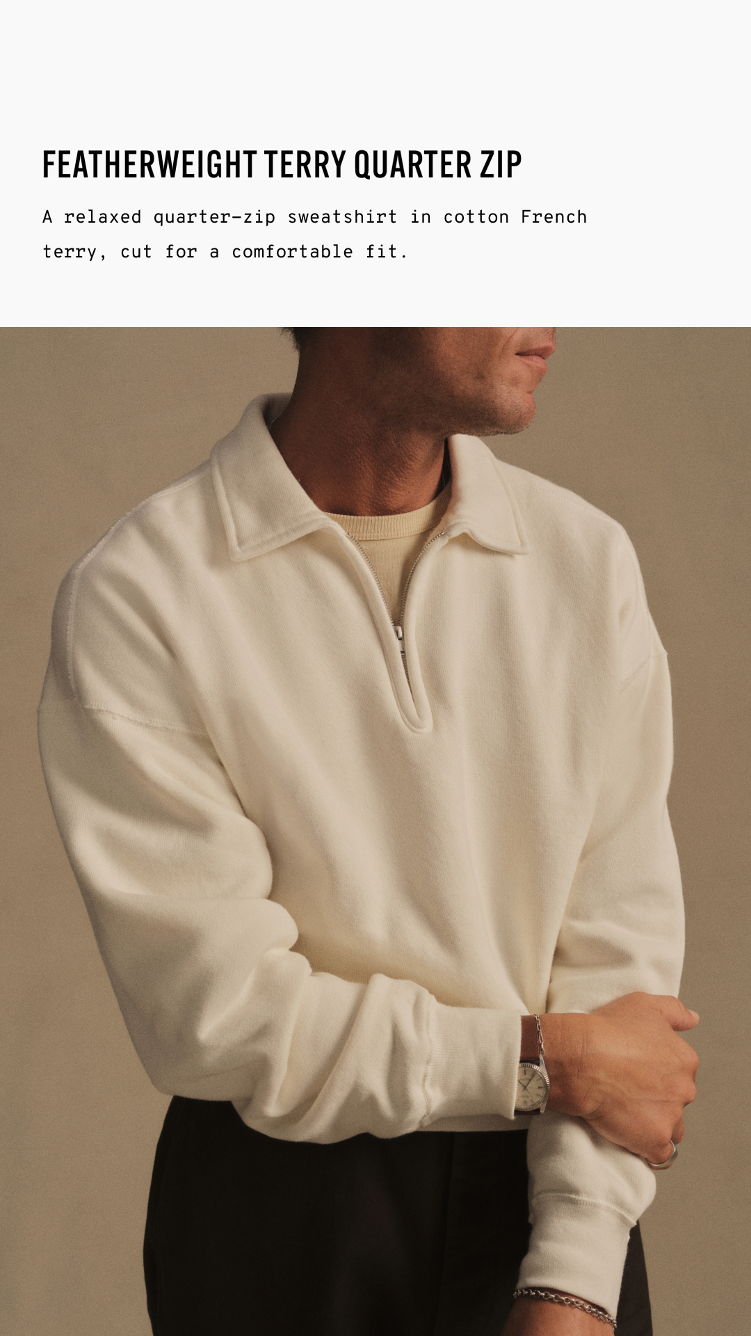 Buck Mason Facebook ad: Featherweight Terry Quarter Zip