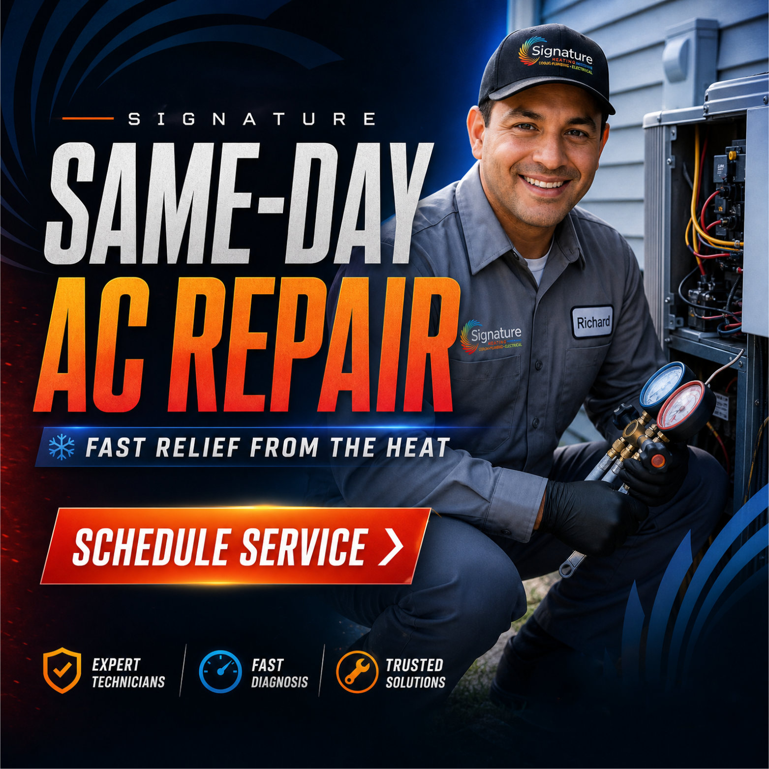 Signature Heating, Cooling, Plumbing & Electrical Facebook ad: Save 15% on AC Repair