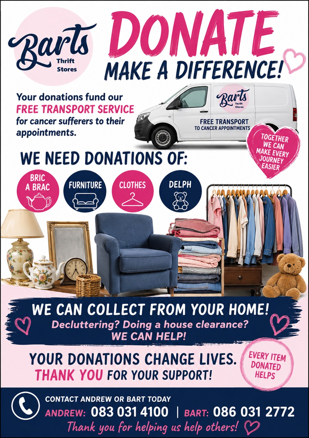 Bart's Thrift Stores Facebook ad: We need donations of bric a brac, furniture…