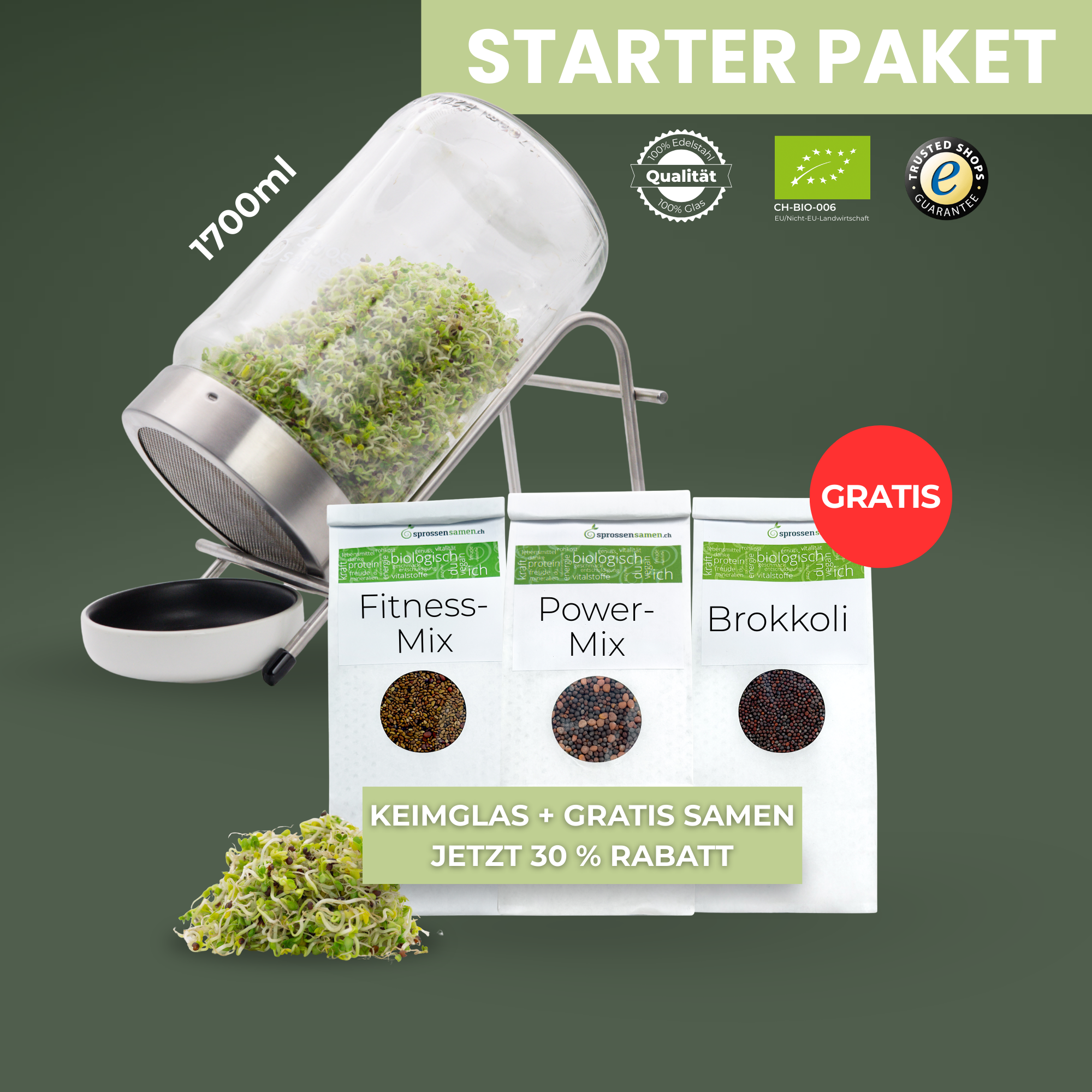 Sprossensamen by naturwerker Facebook ad: Frische Sprossen selbst ziehen mit 30% Ersparnis.