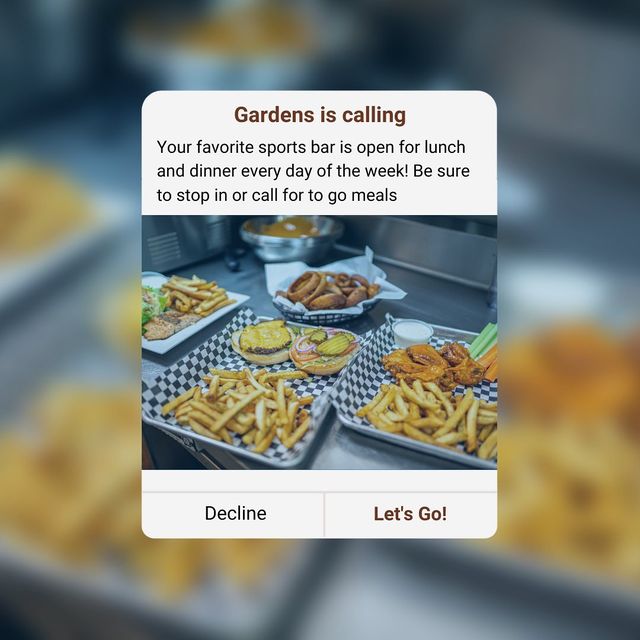 Gardens Bar and Grill DFW Facebook ad: Ultimate Neighborhood Sports Bar serving American bar fare…
