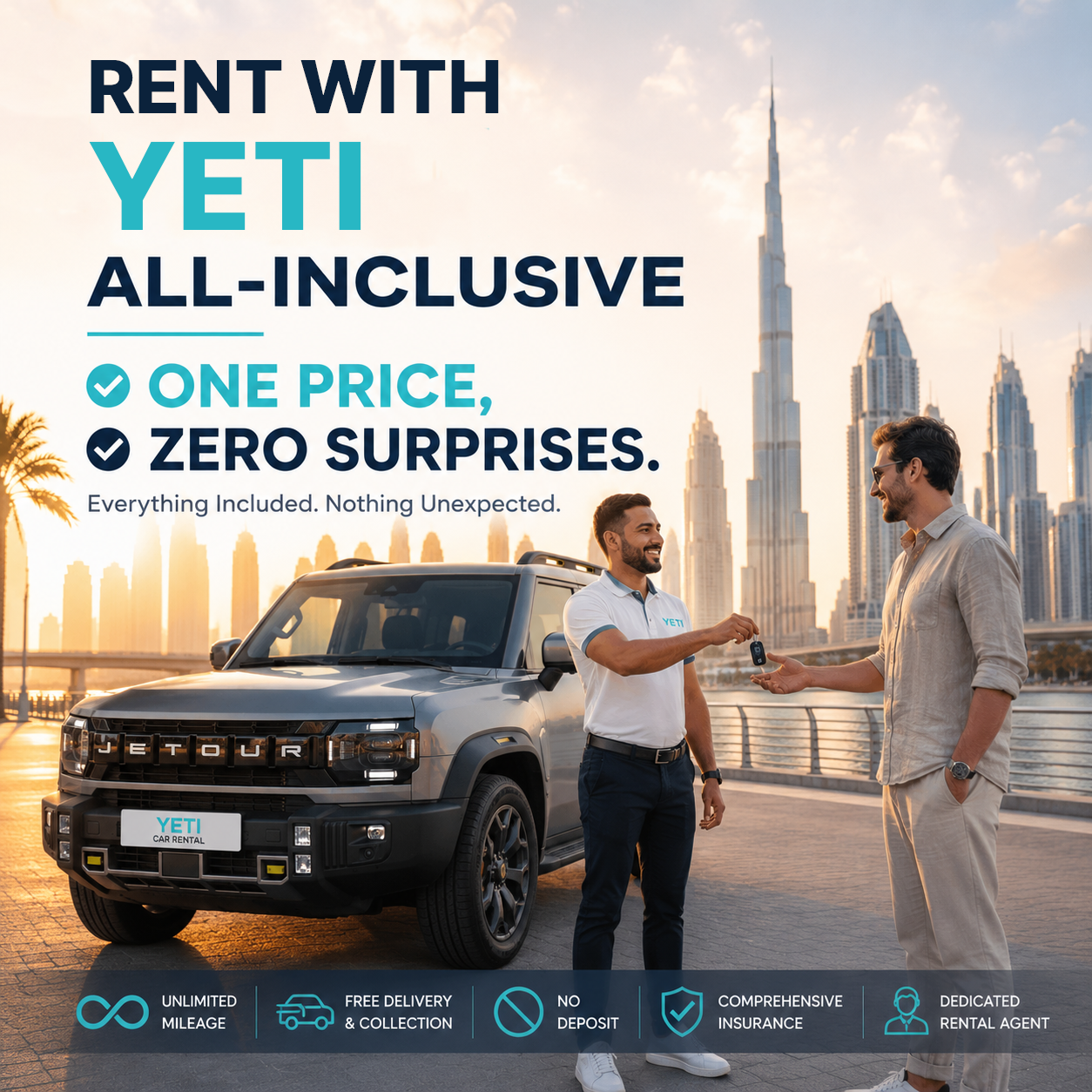 Yeti Car Rental Dubai / يتي لتأجير السيارات - دبي Facebook ad: Rent smarter with Yeti All-Inclusive.
