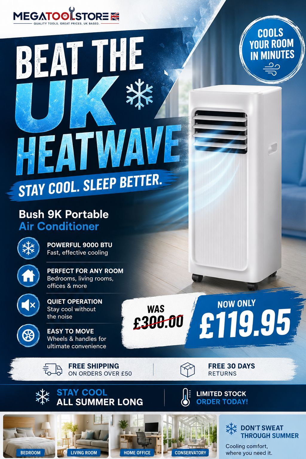 Mega Store UK Facebook ad: • Beat The UK Heatwave Today • Cool Your Room In…