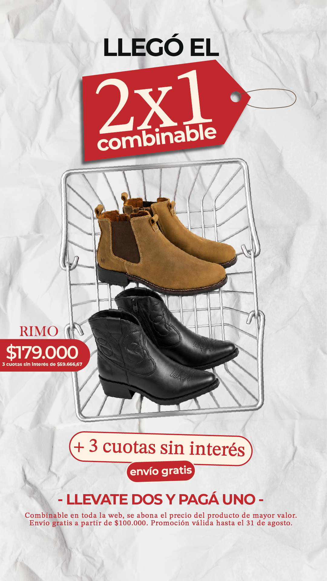 RIMO Calzados Facebook ad: 2x1 Combinable + 3 Cuotas SIN INTERES!