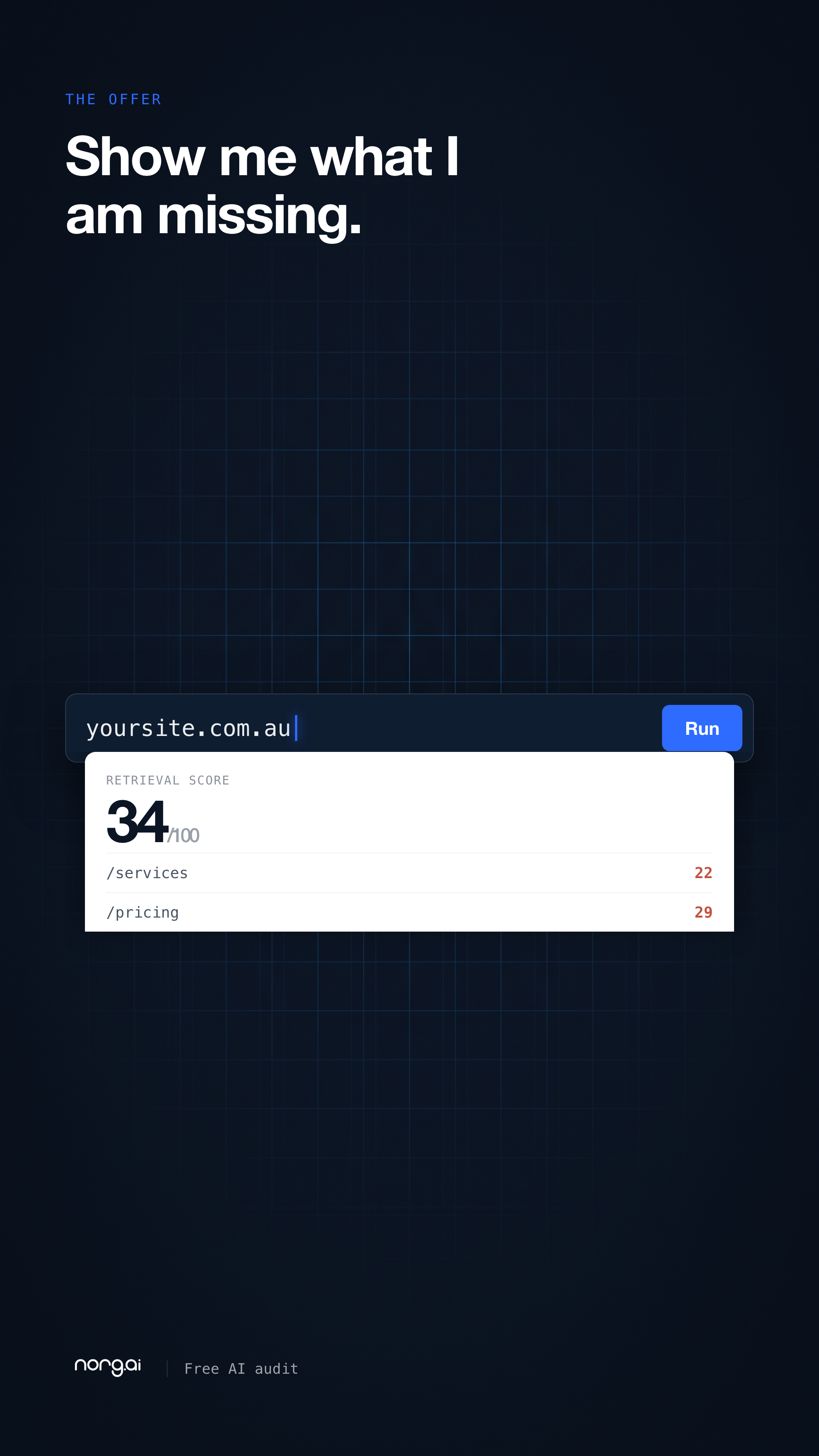 Norg AI Facebook ad: Type your URL in. Get your score.