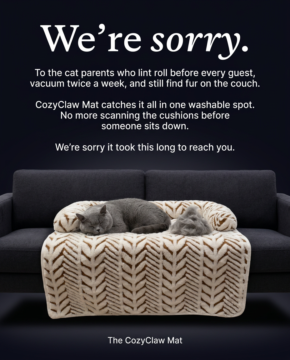 Cuddles & Meow Facebook ad: We're Sorry. To Every Cat Parent Who Has Been Lint Rolling…