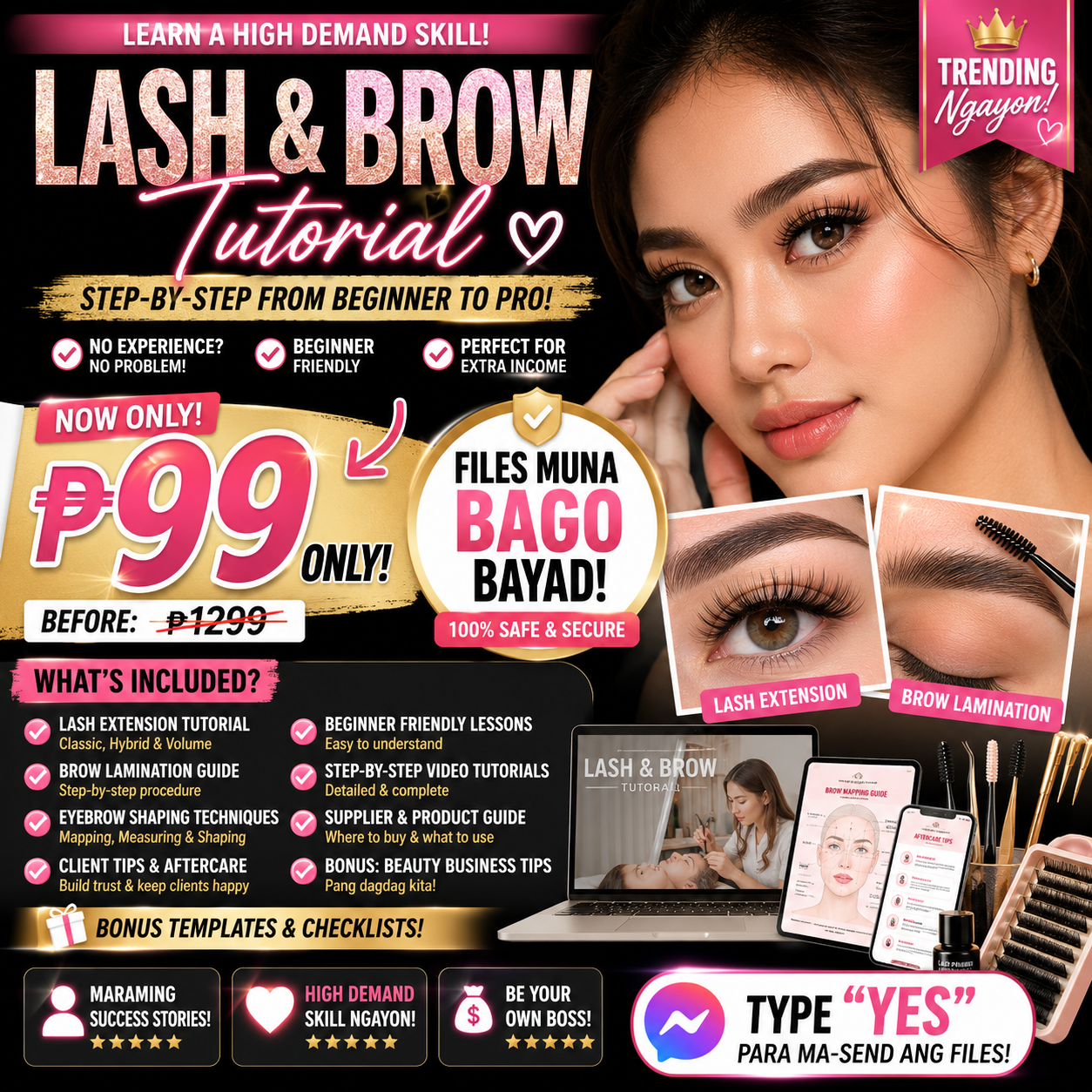 Lash & Brow Starter PH Facebook ad: LASH & BROW TUTORIAL FOR ONLY ₱99!