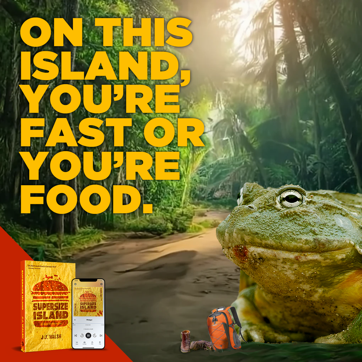 JJWalshBooks Facebook ad: Die Hard in bizarro Jurassic Park.