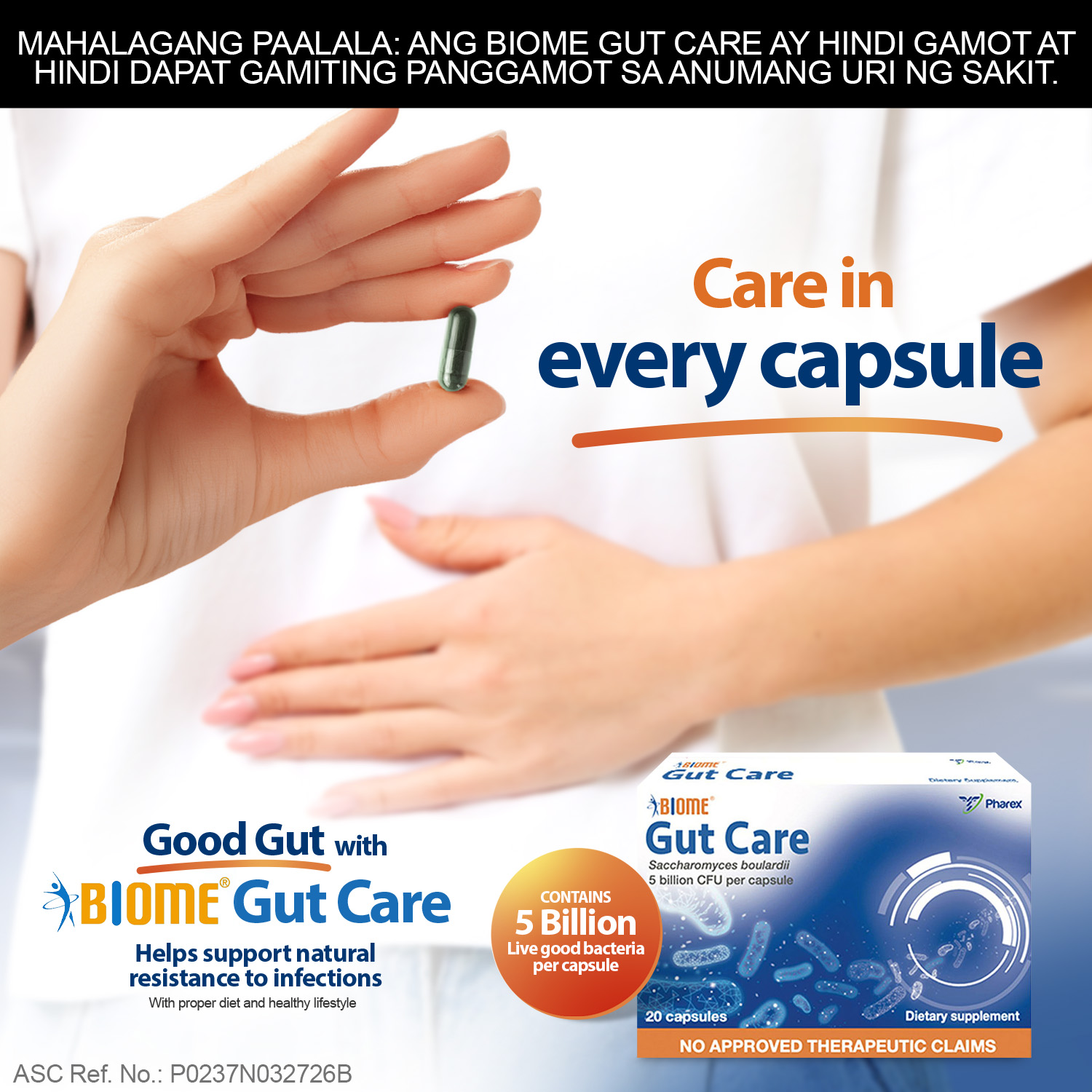 Pharex Health Corp. Facebook ad: Easy with 1 Capsule of Biome Gut Care or as recommended by…