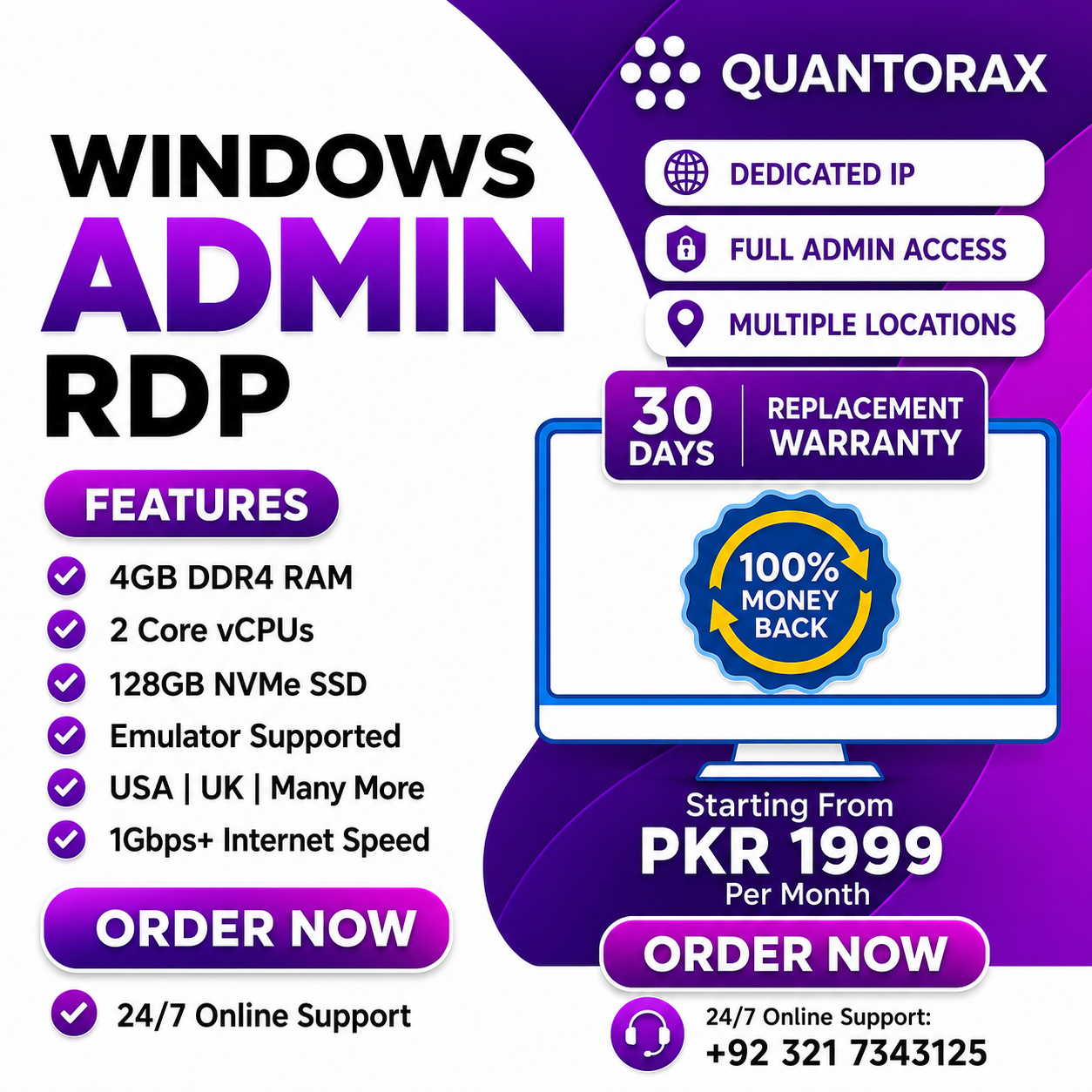 QuantoraX Facebook ad: Full Admin RDP, Instant Access