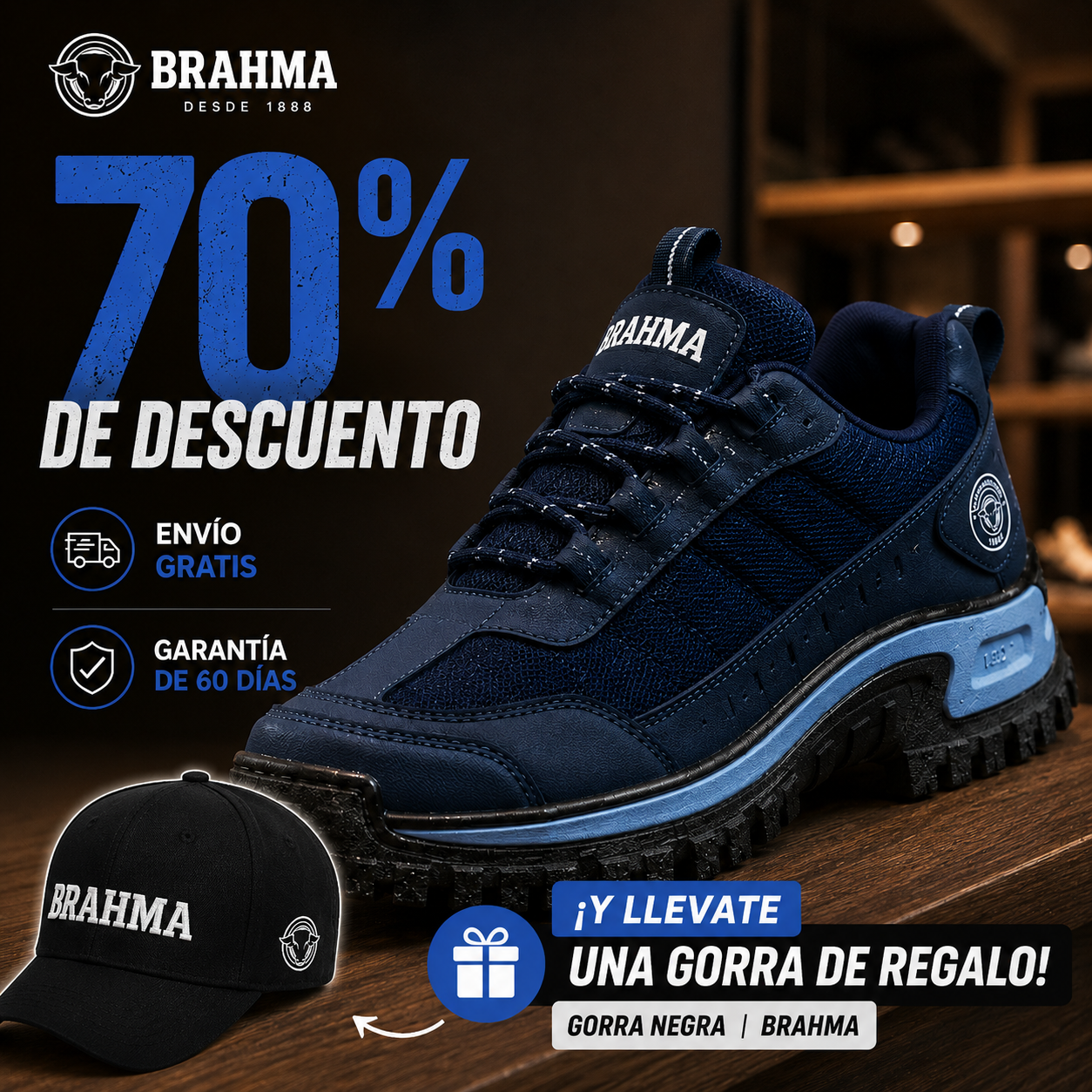 Sara Thompson Facebook ad: Zapatos Brahma + Gorra Gratis, Paga al Recibir