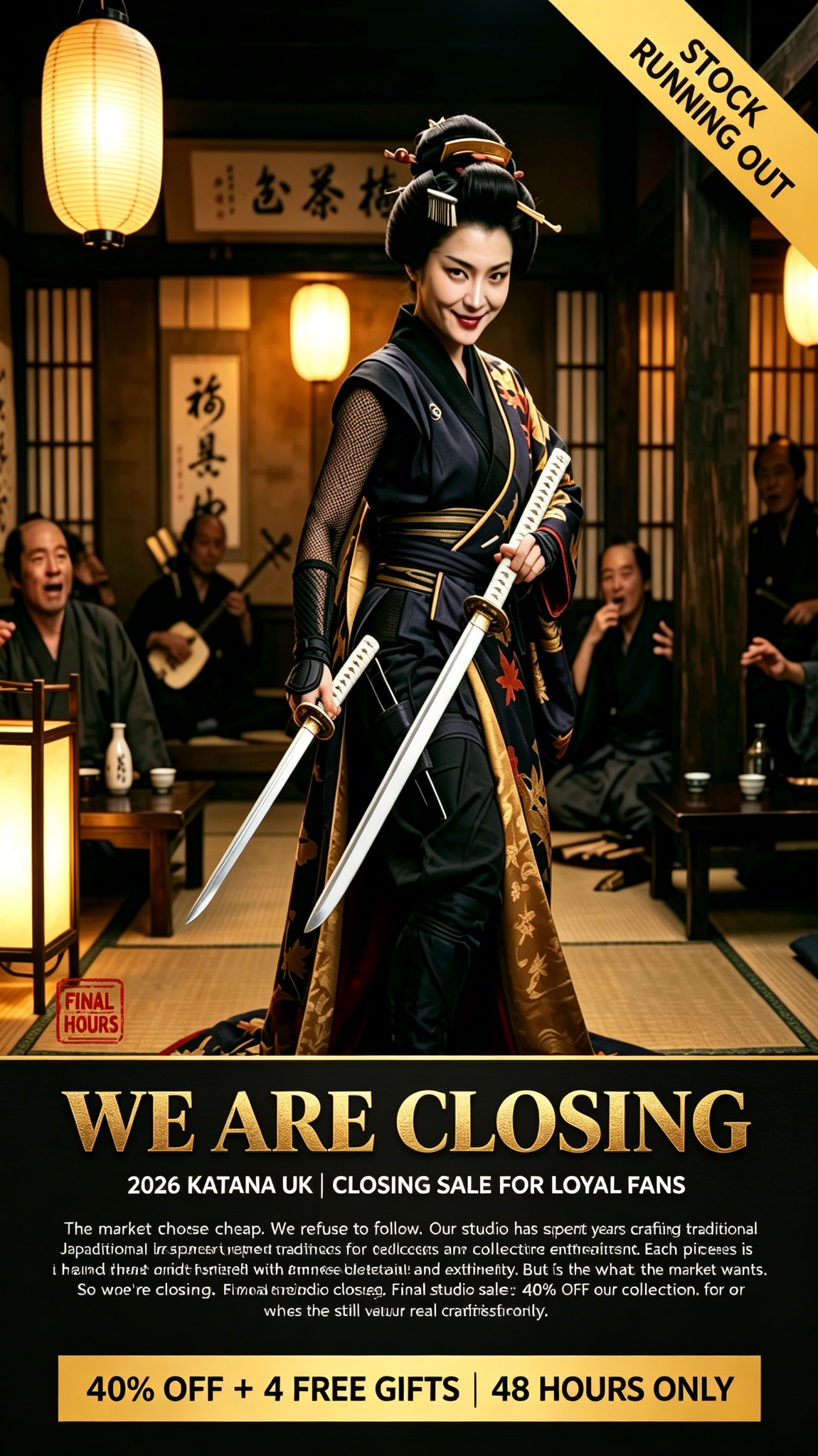 Swordforsale UK Facebook ad: Handmade katanas, now more accessible than ever in our UK…