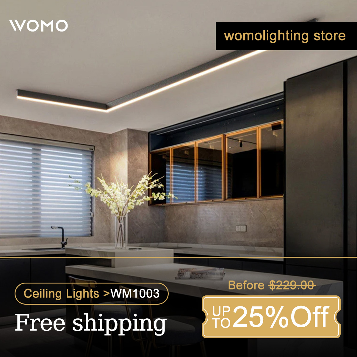 Womolighting Facebook ad: Brilliant & Effortless Nights, Powered by WOMO.