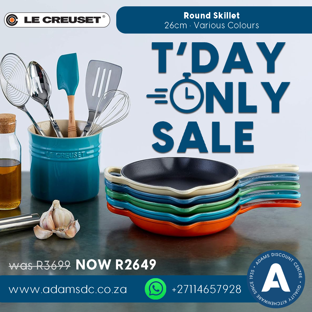 Adams Discount Centre Facebook ad: Le Creuset Cast Iron Signature Round Skillet, 26cm, Adams