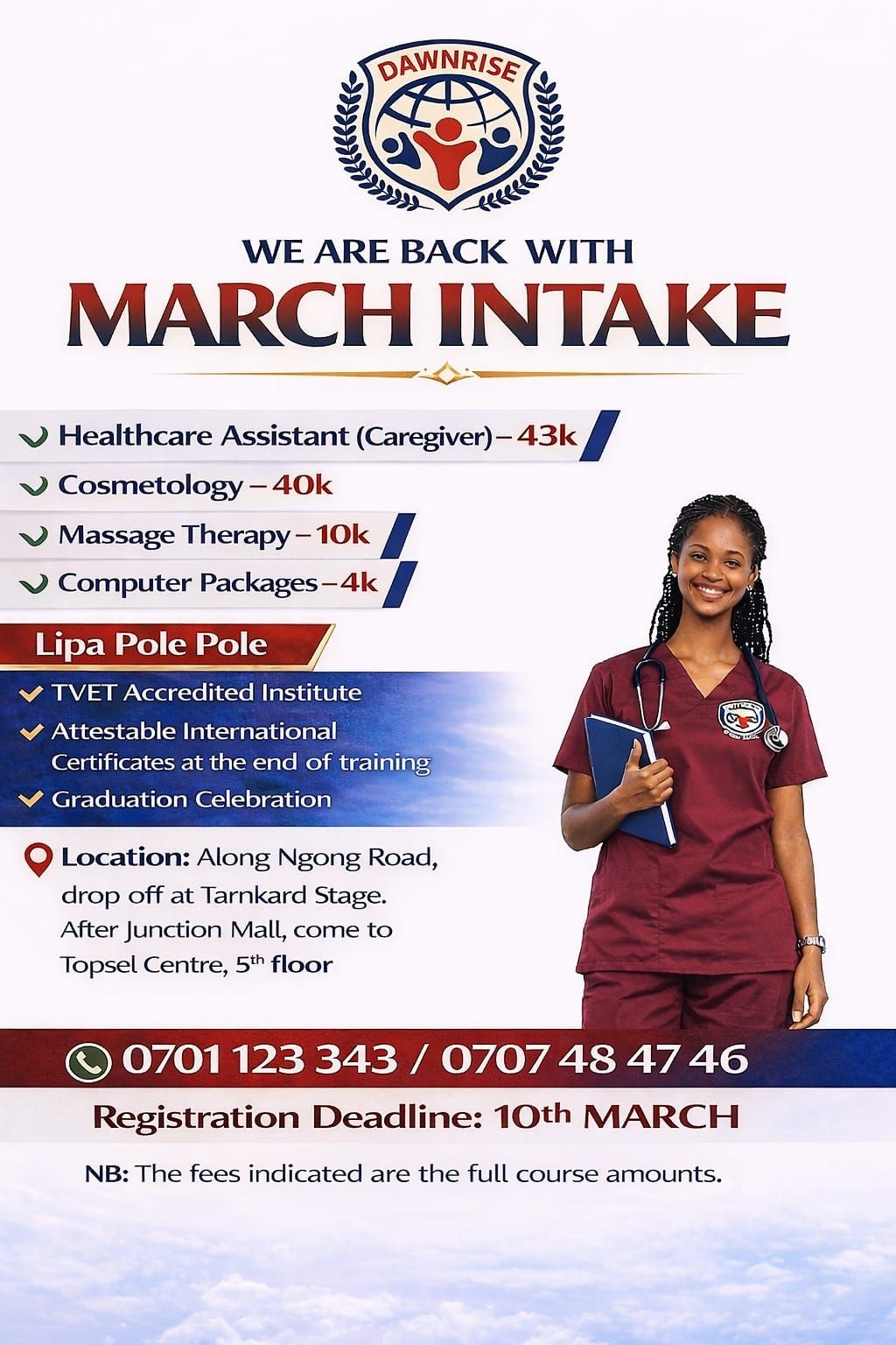 DawnRise Training Institute Facebook ad: March Intake Now Ongoing.