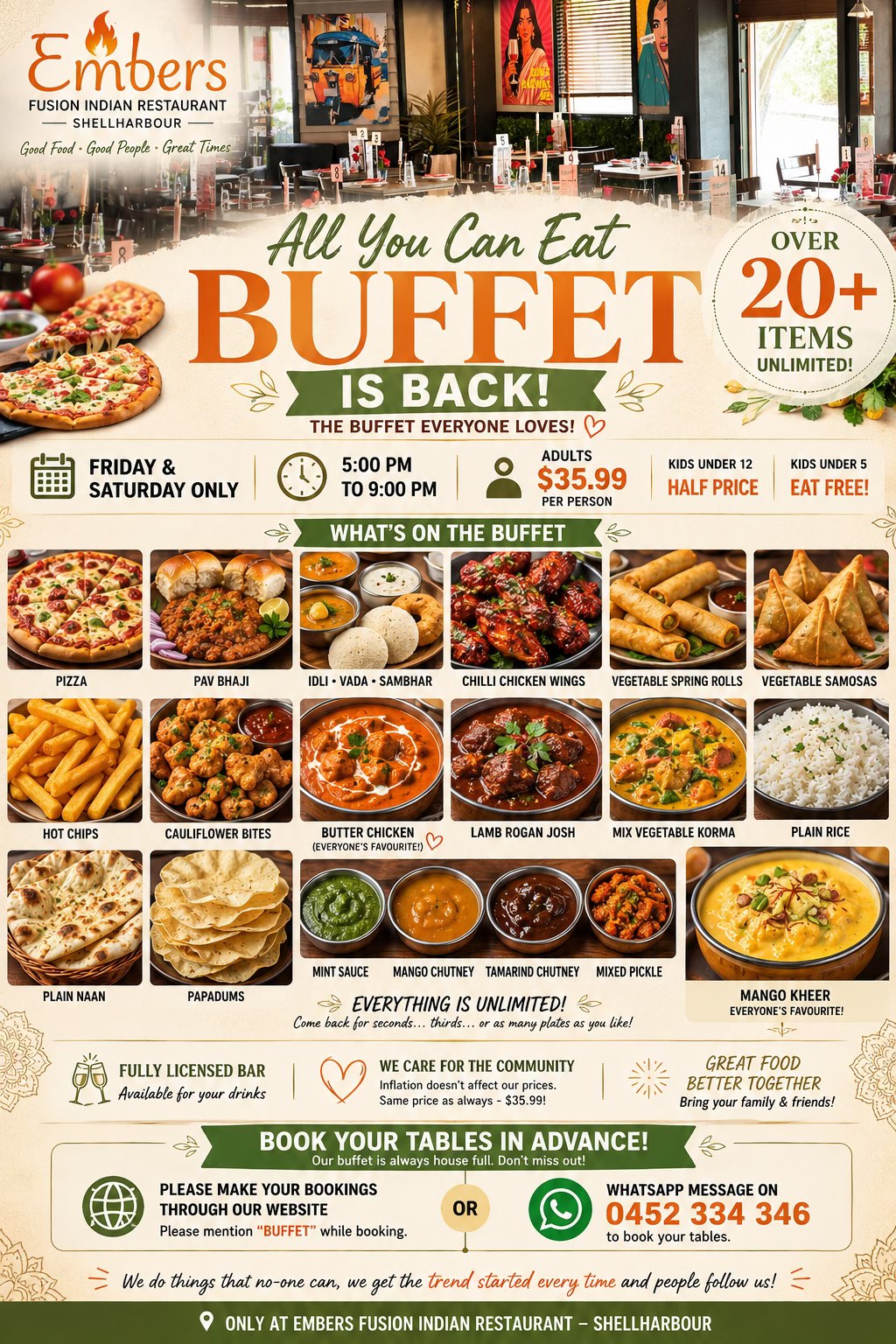 Embers Fusion Indian Restaurant Facebook ad: OVER 20+ UNLIMITED ITEMS FOR JUST $35.99!