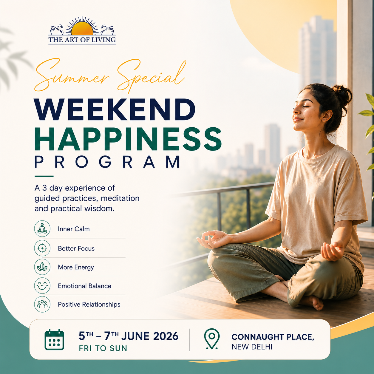 The Art of Living Facebook ad: Summer Special | 3 Day Happiness Program by The Art of…