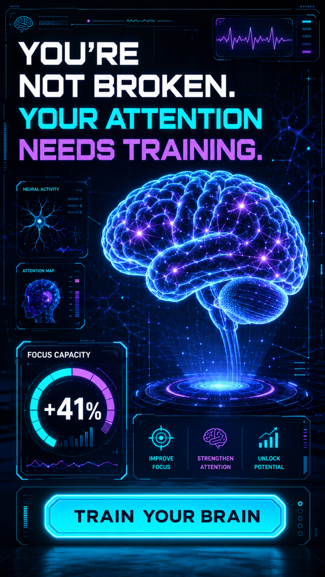 Boost Your Cognitive Performance Facebook ad: Take the 3-minute quiz and start your brain training journey