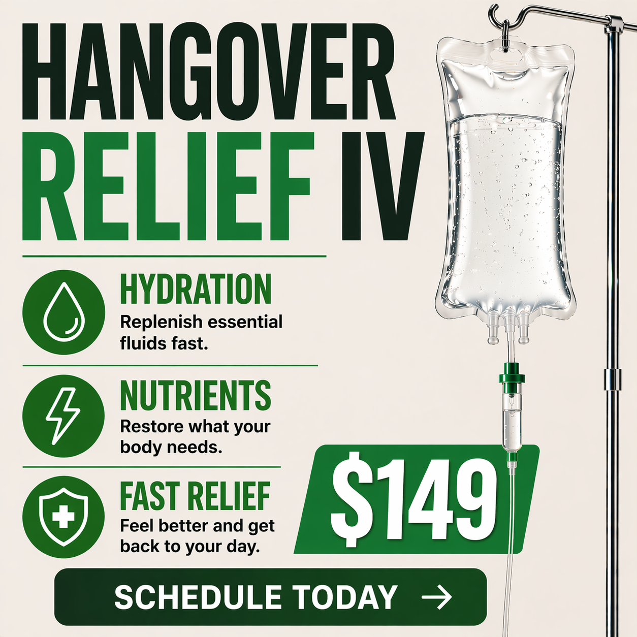 IV Nutrition Nashville Facebook ad: Hangover Hero IV Drip + FREE Consult, Just $149!